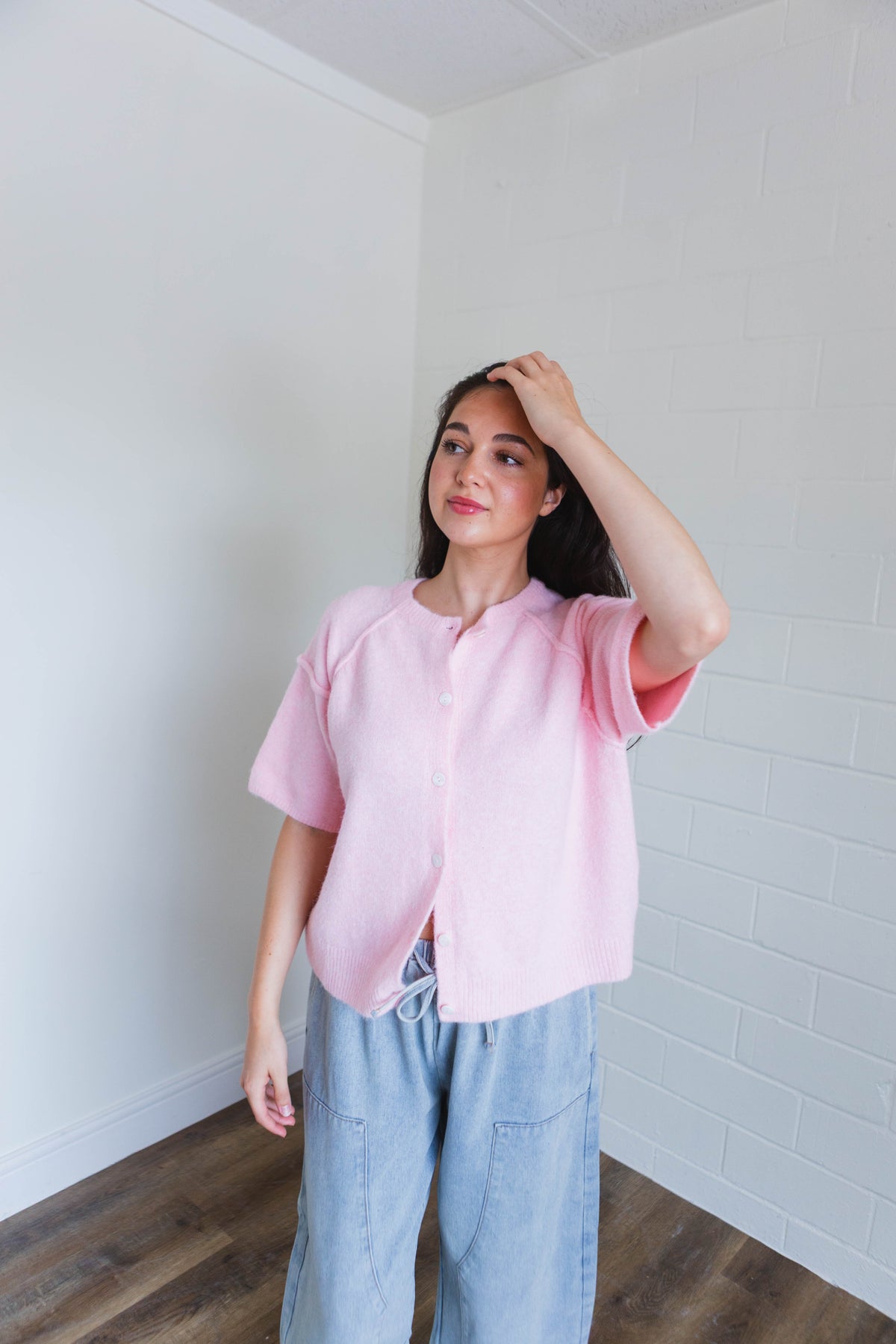 Pink Short Sleeve Sweater Cardigan