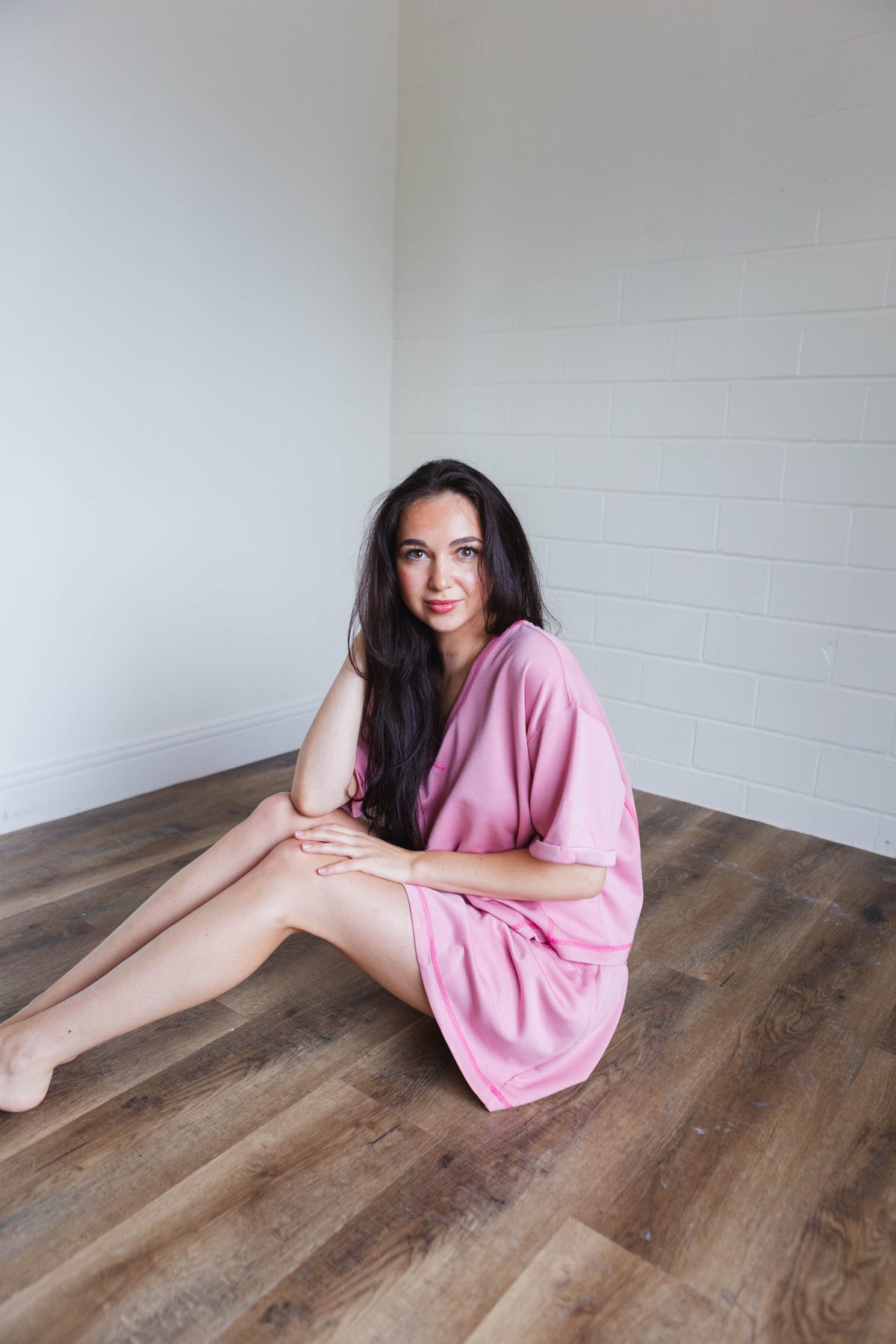 Soft Knit V-Neck Short Sleeve Set in Light Pink