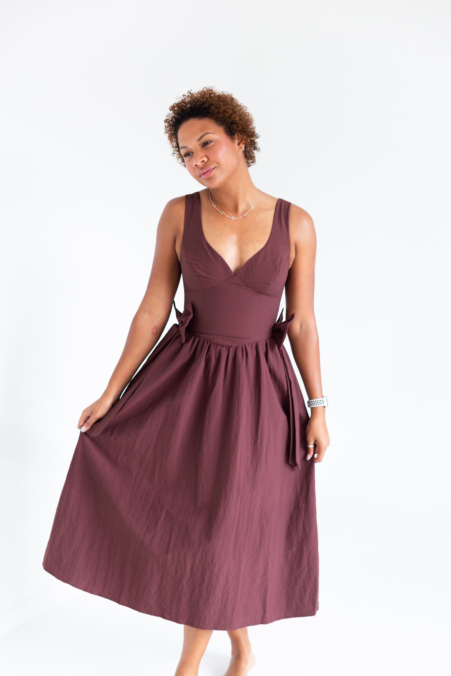 Brown Bow Detail Midi Dress