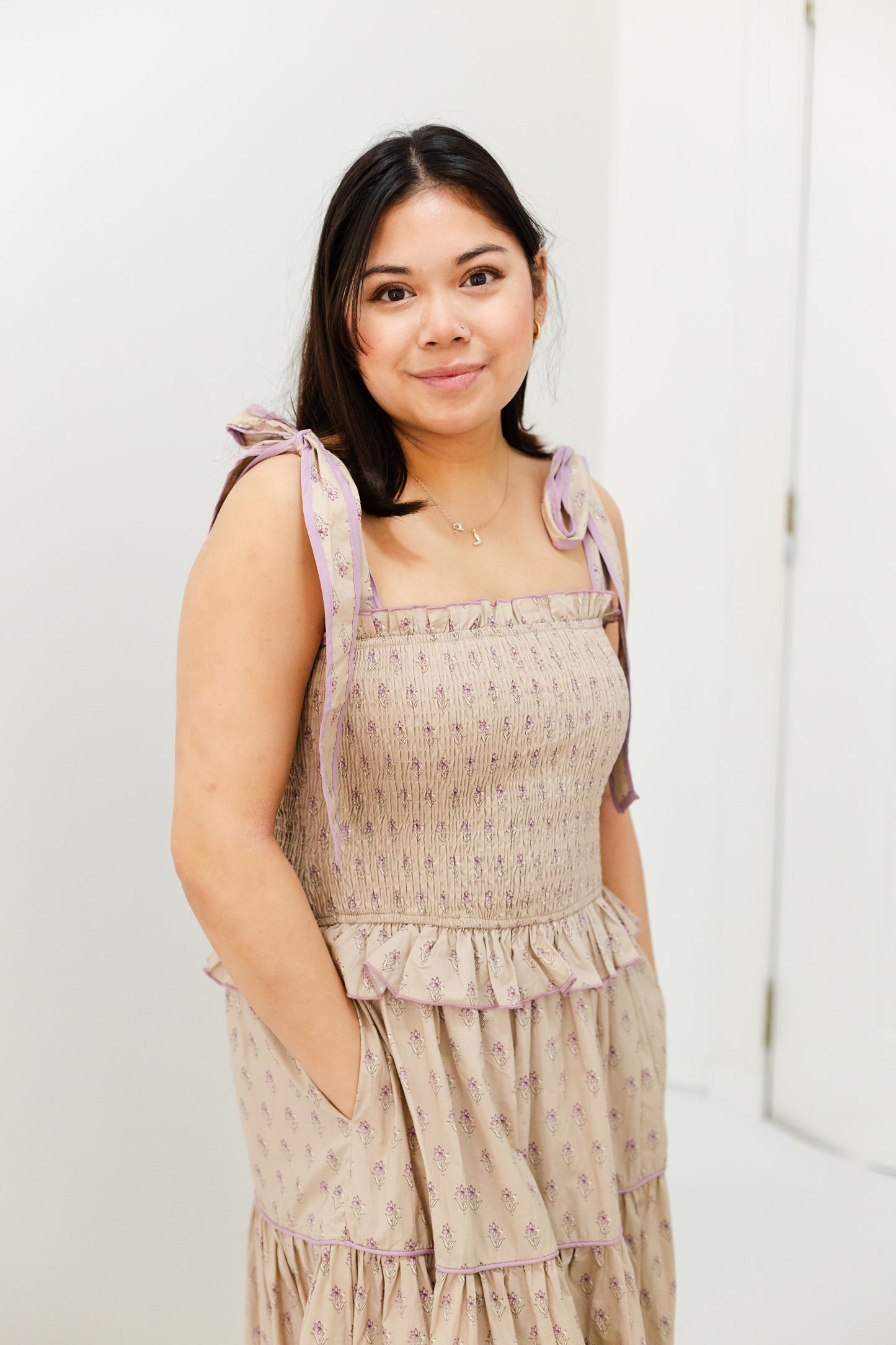 Taupe Floral Smocked Bodice Tiered Midi Dress