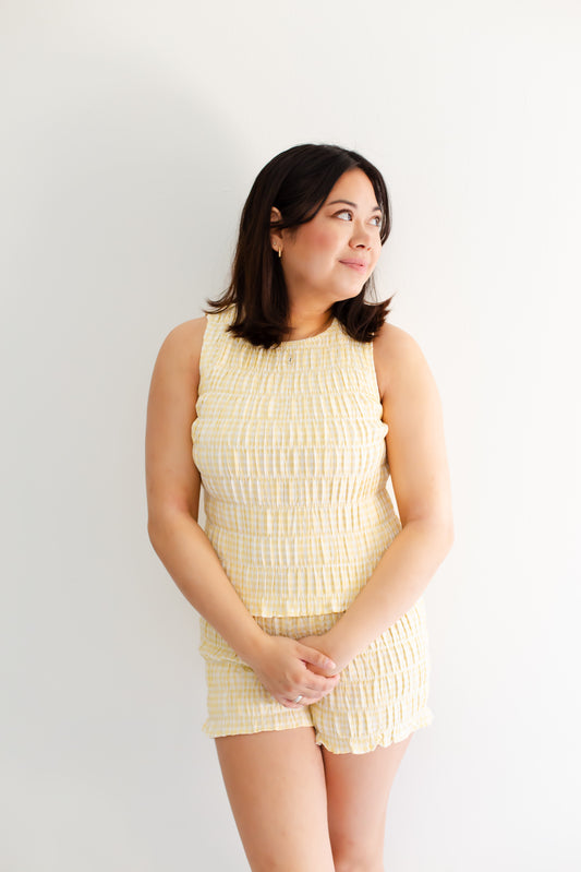 Light Yellow Round Neck Shirring Gingham Top