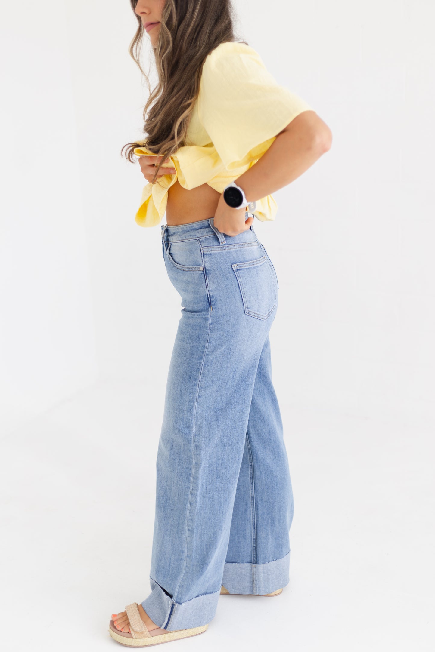 Medium Indigo 90s Stretch Cuffed Hem High Rise Straight Jeans