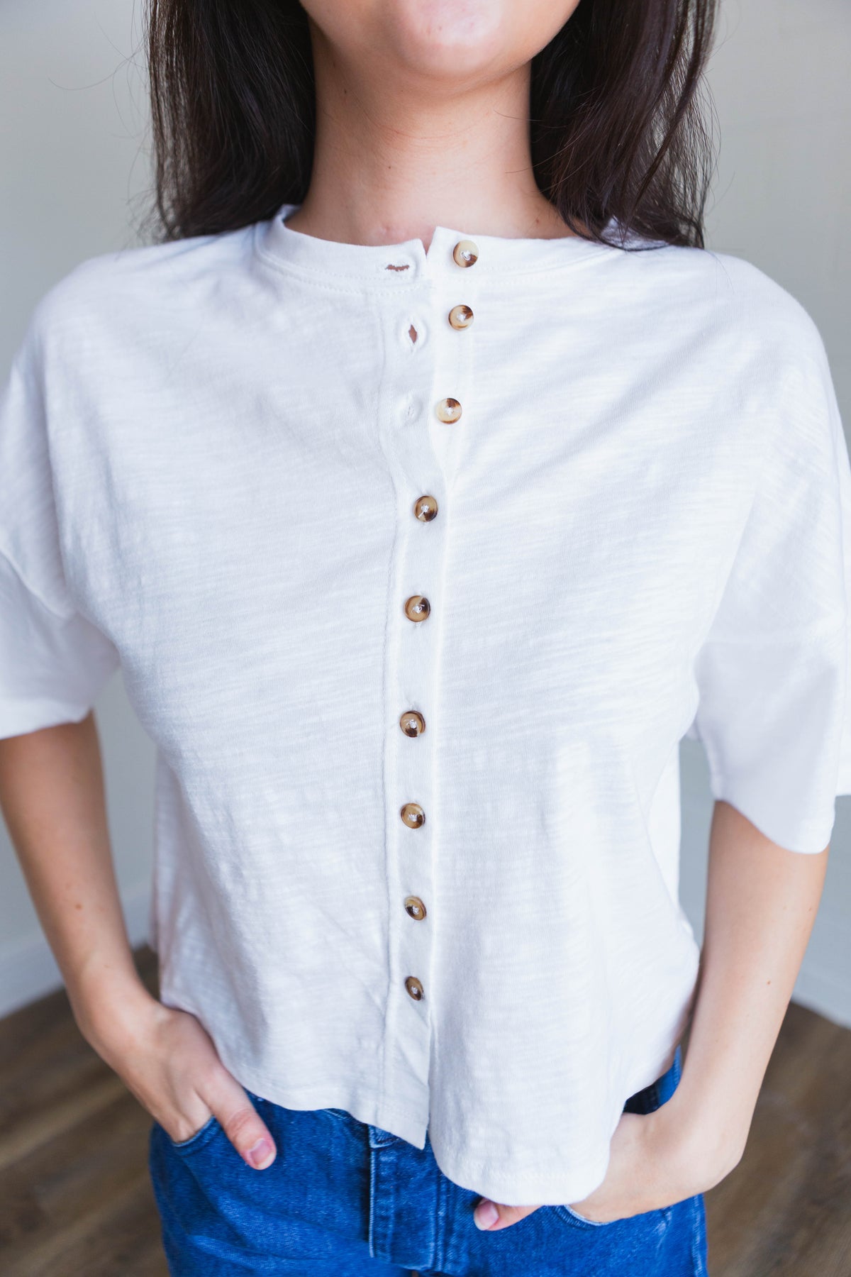 White Button Down Round Neck Half Sleeve Top