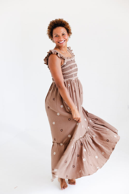 Brown Floral Embroidered Maxi Dress