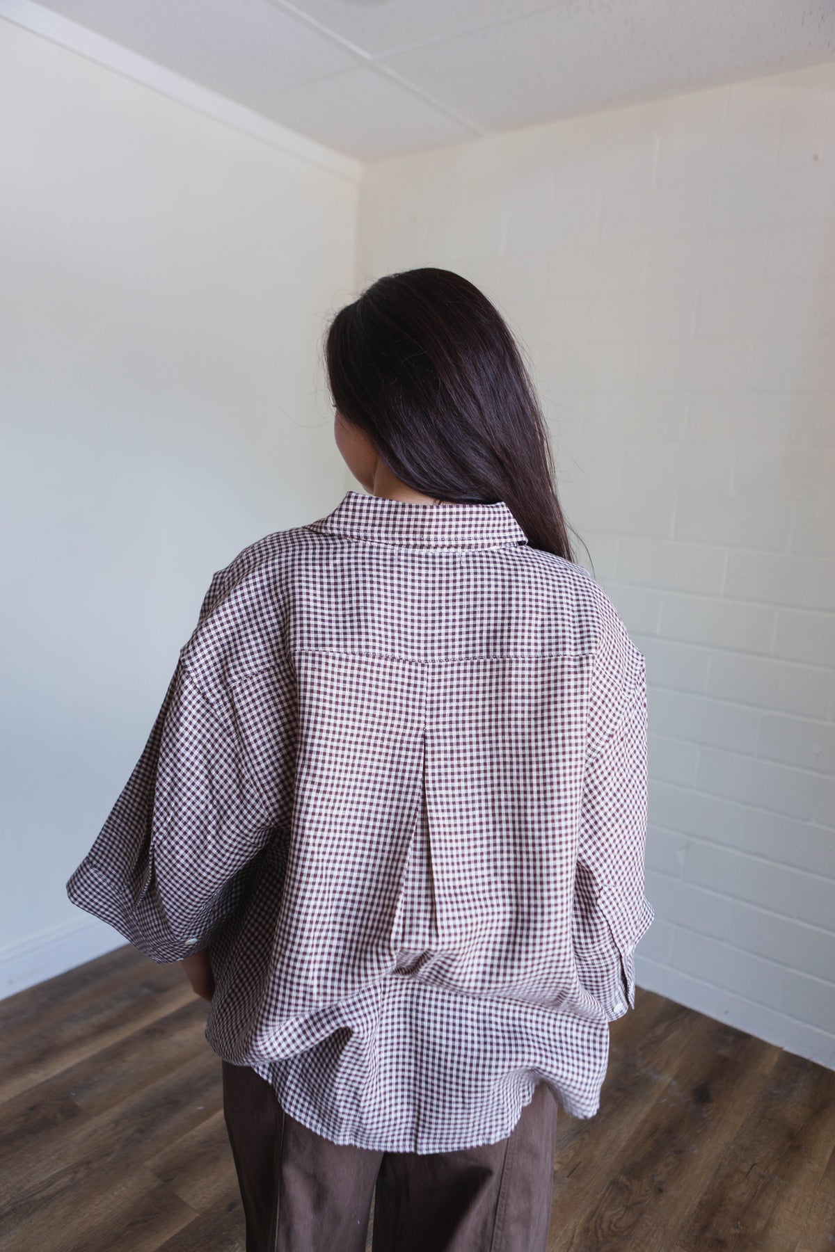 Brown Gingham Button Up Top