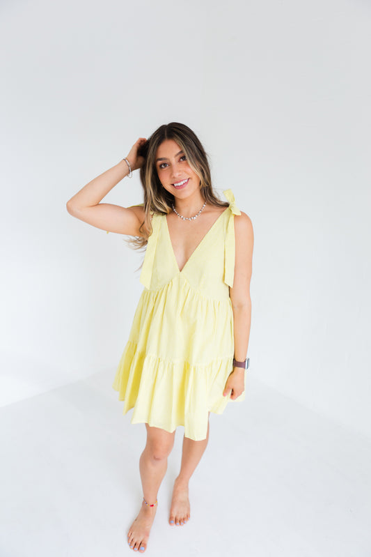Yellow & White Gingham Tie Shoulder Strap Tiered Gingham Mini Dress