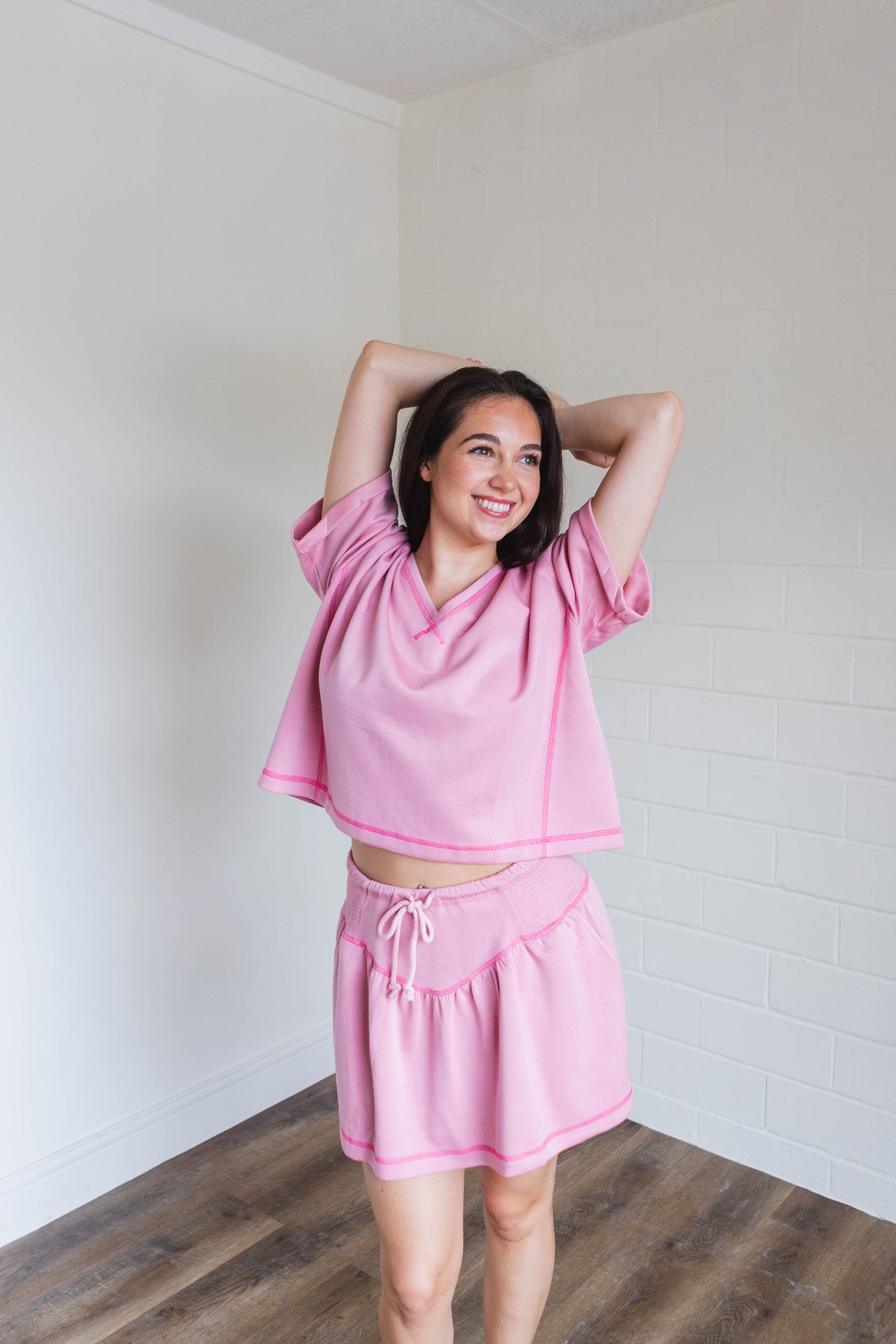 Soft Knit V-Neck Short Sleeve Set in Light Pink