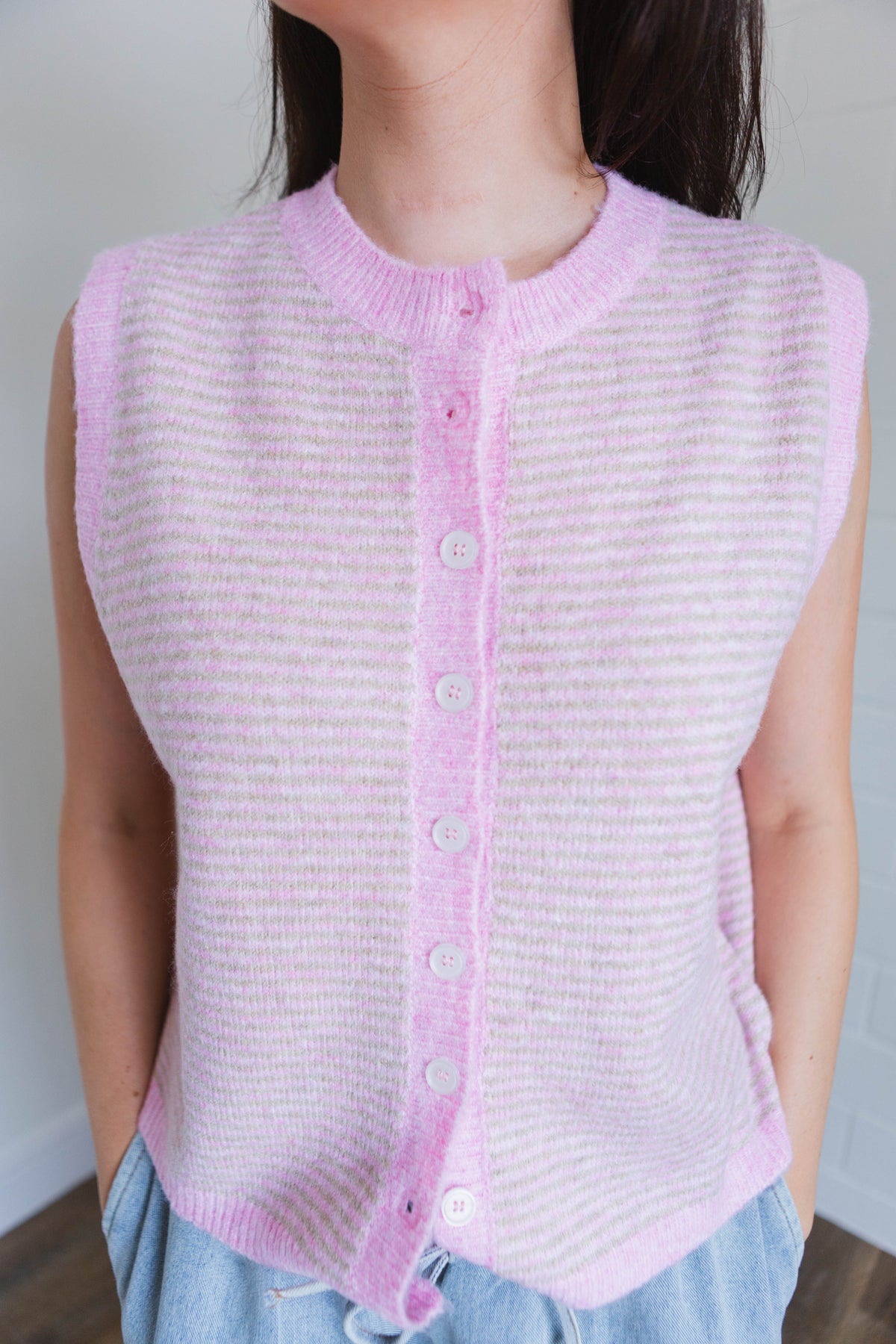 Pink & Taupe Striped Sweater Vest