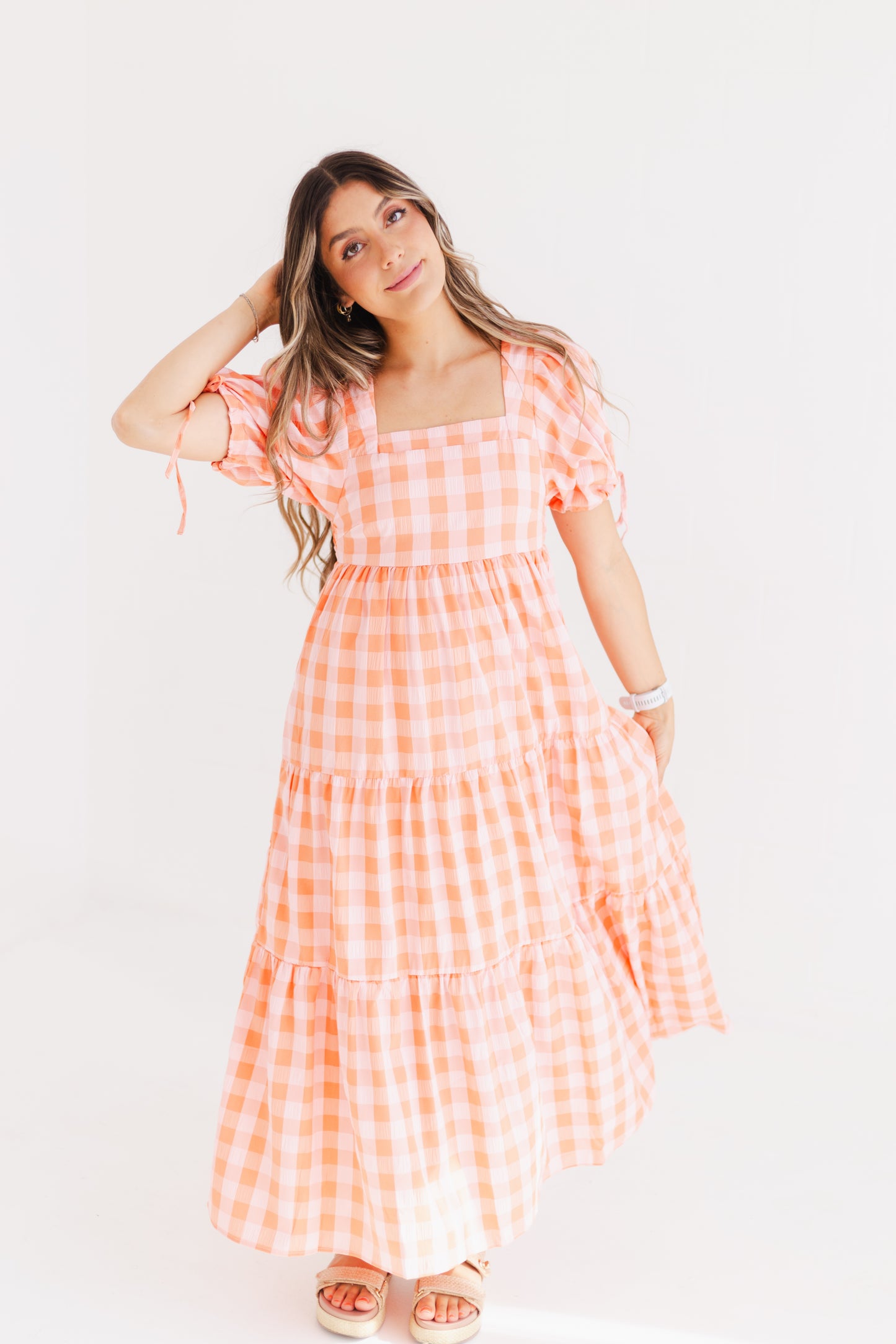 Salmon Check Patterned Puff Sleeve Maxi Dress
