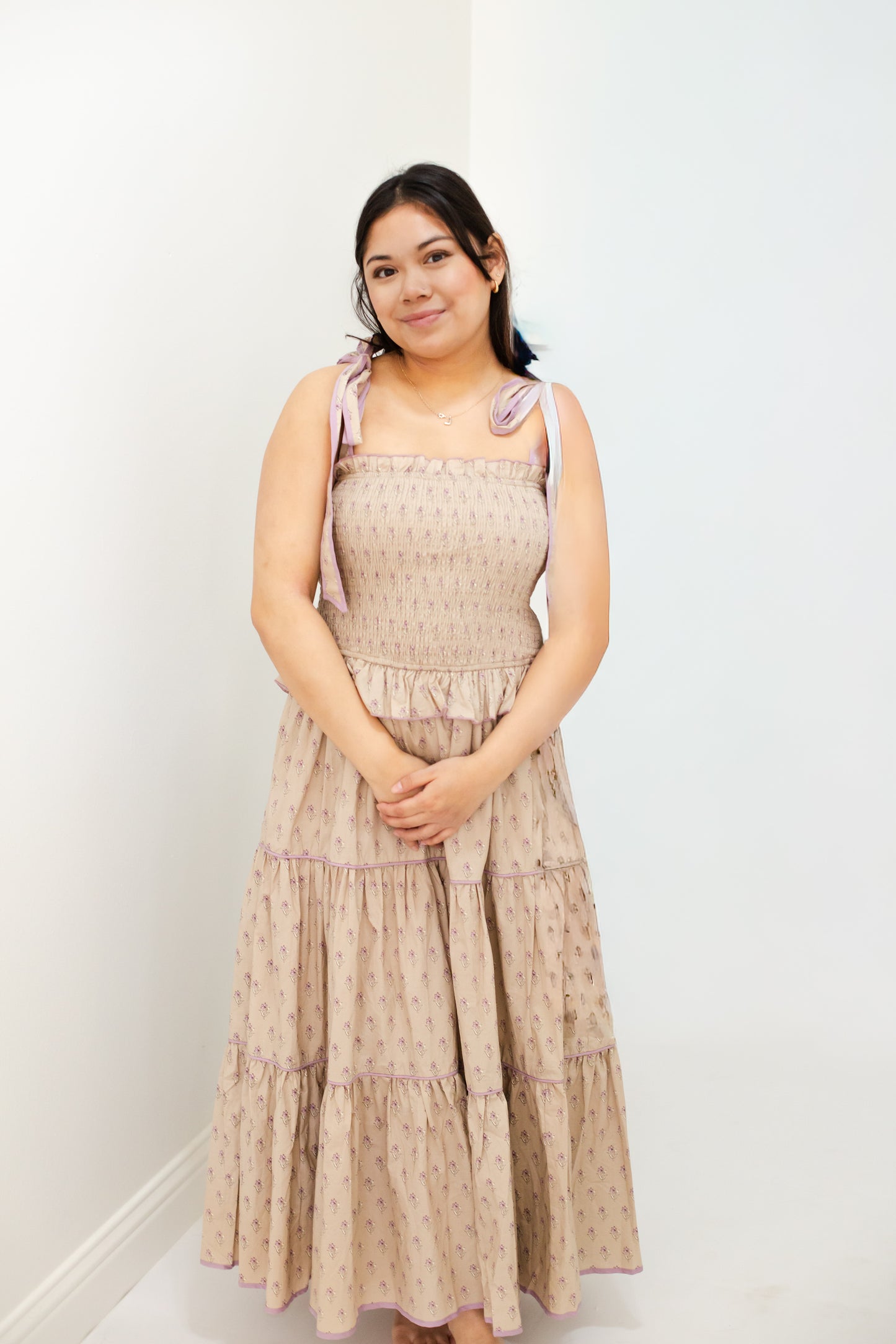 Taupe Floral Smocked Bodice Tiered Midi Dress