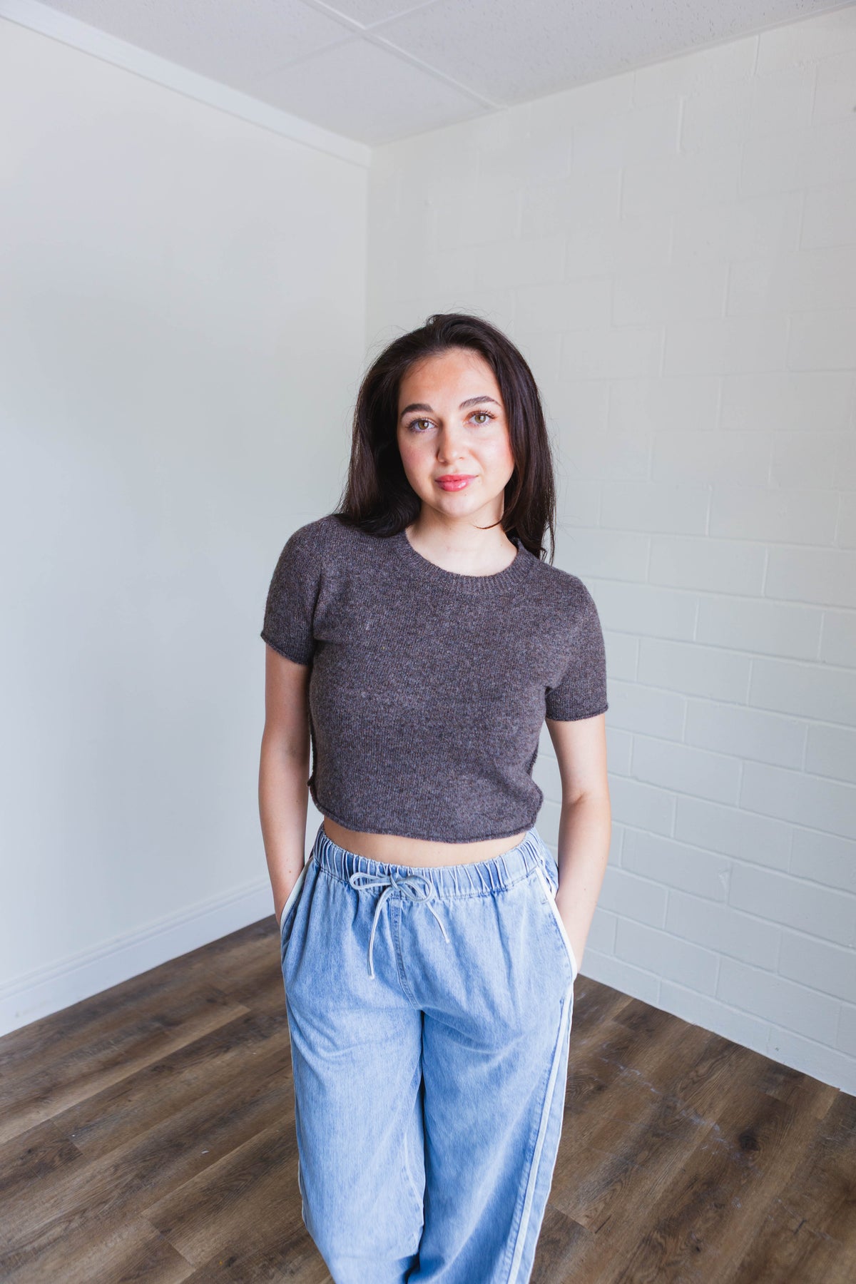 Brown Sweater Short Sleeve Crop Top