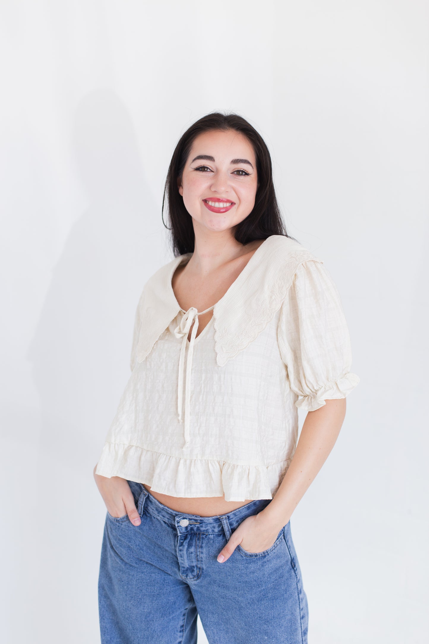 Natural Fablewood Embroidered Collar Top