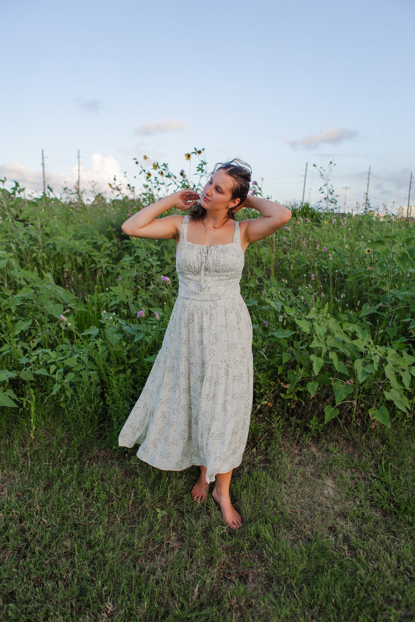 Ivory Green Floral Midi Dress