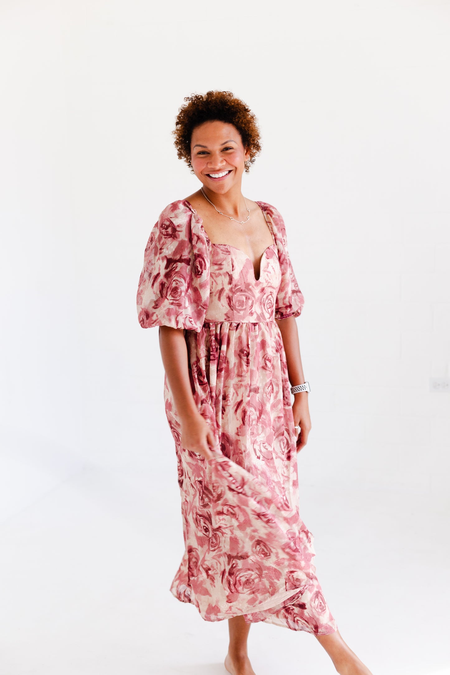 Beige Mauve Floral Textured Jacquared Midi Dress