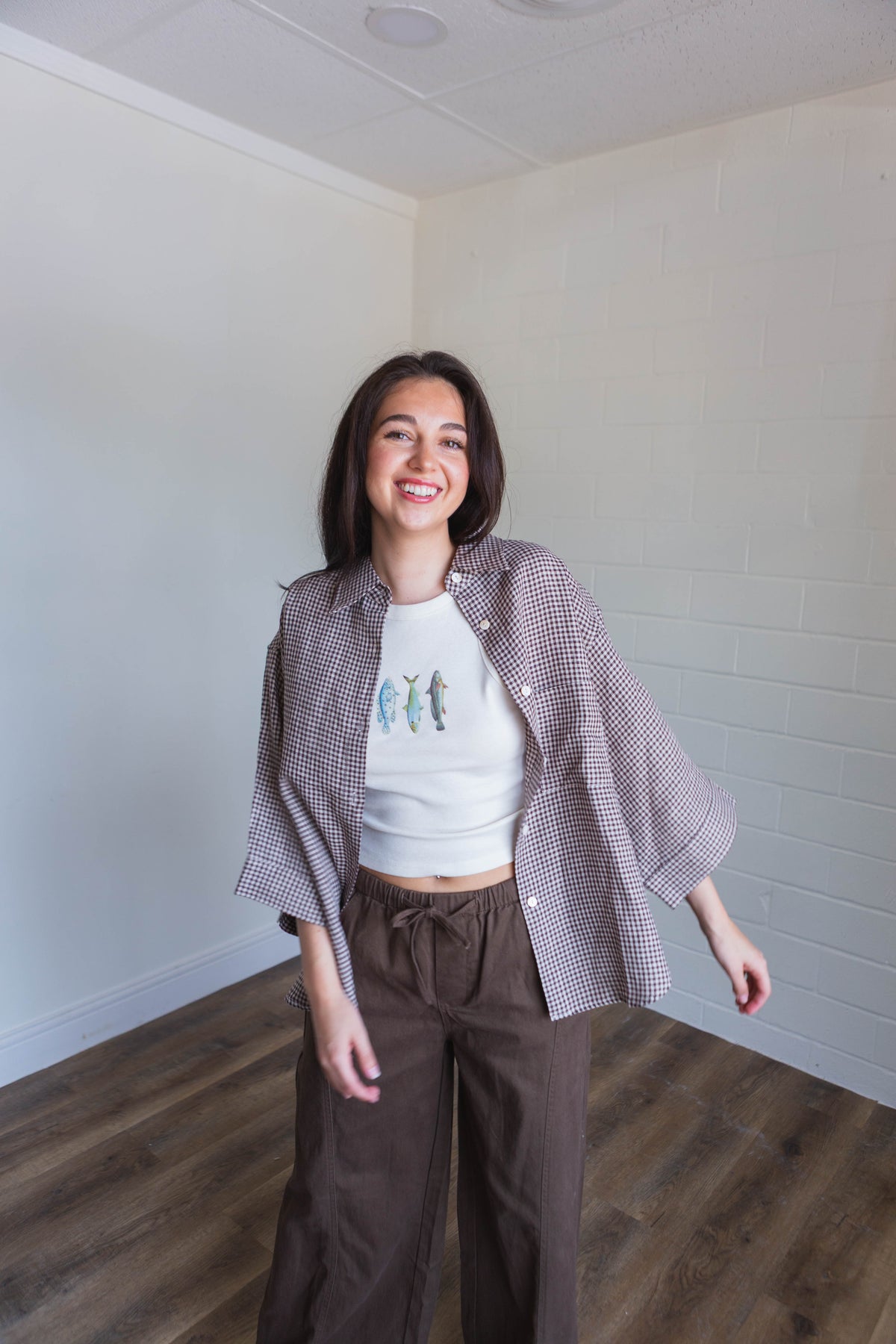 Brown Gingham Button Up Top