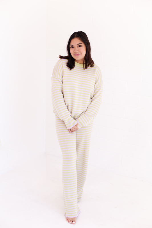 Long Sleeve Crew Neck Stripe Sweater With Wide Leg Pants