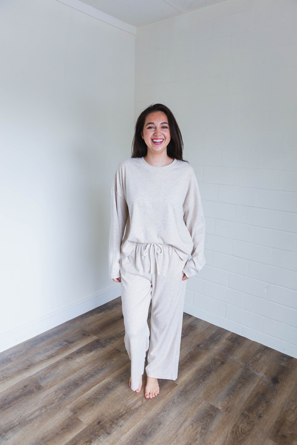 Taupe & Cream Striped Knit Top & Pants Set
