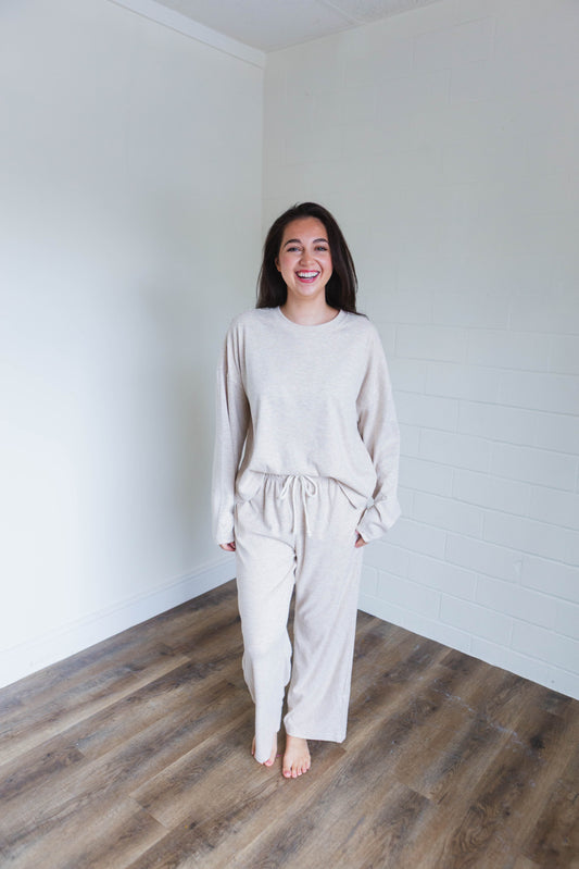 Taupe & Cream Striped Knit Top & Pants Set