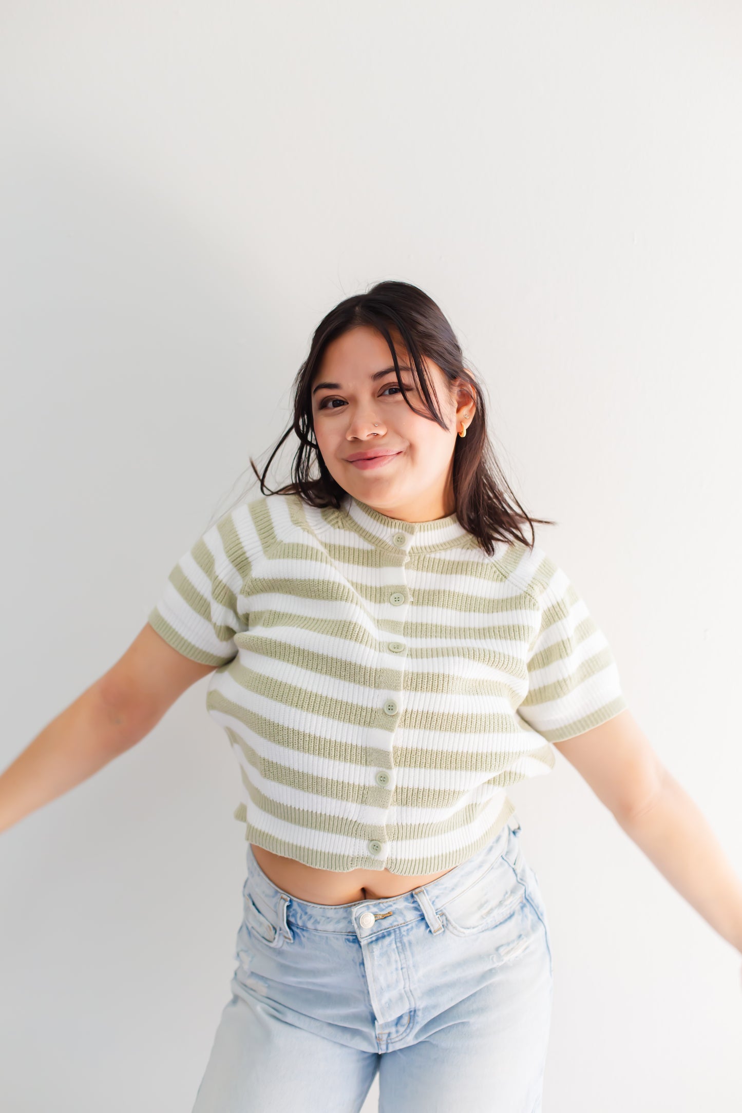 Raglan Short Sleeve Crew Neck  Sage & White Stripped Boxy Sweater
