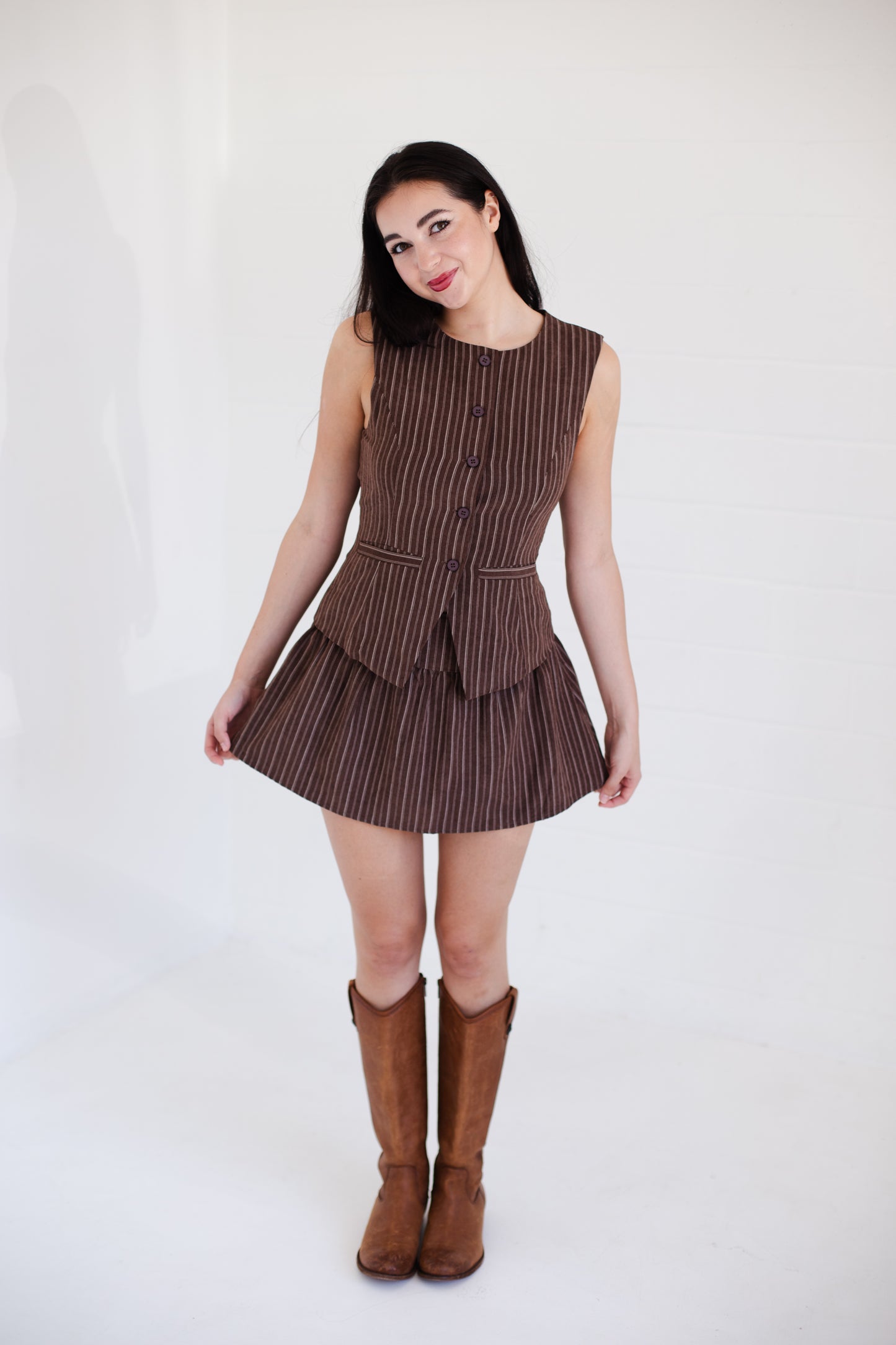Brown Stripe Round Neck Vest With Mini Skirt Set