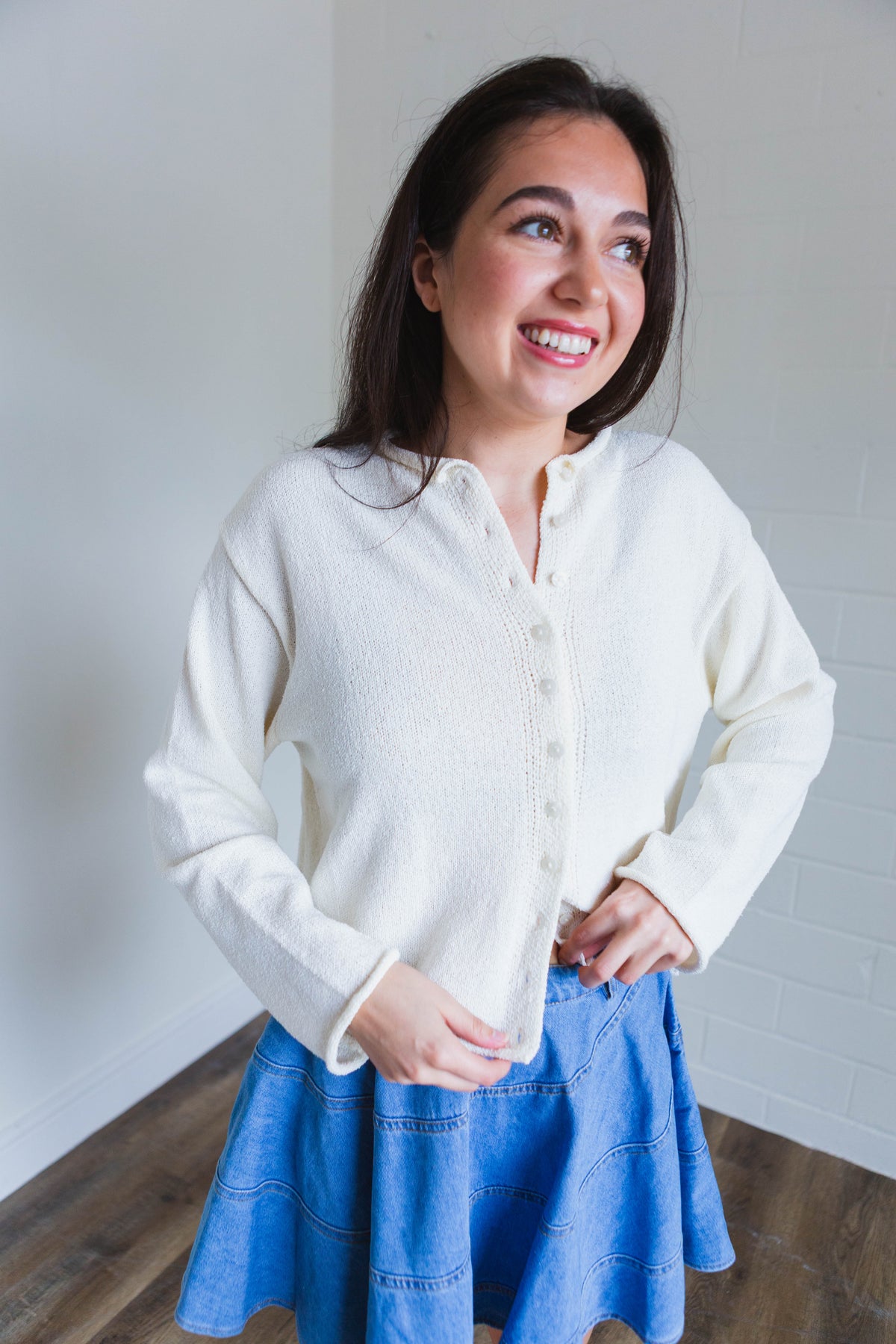 Cream Lightweight Long sleeve Button Front Cardigan
