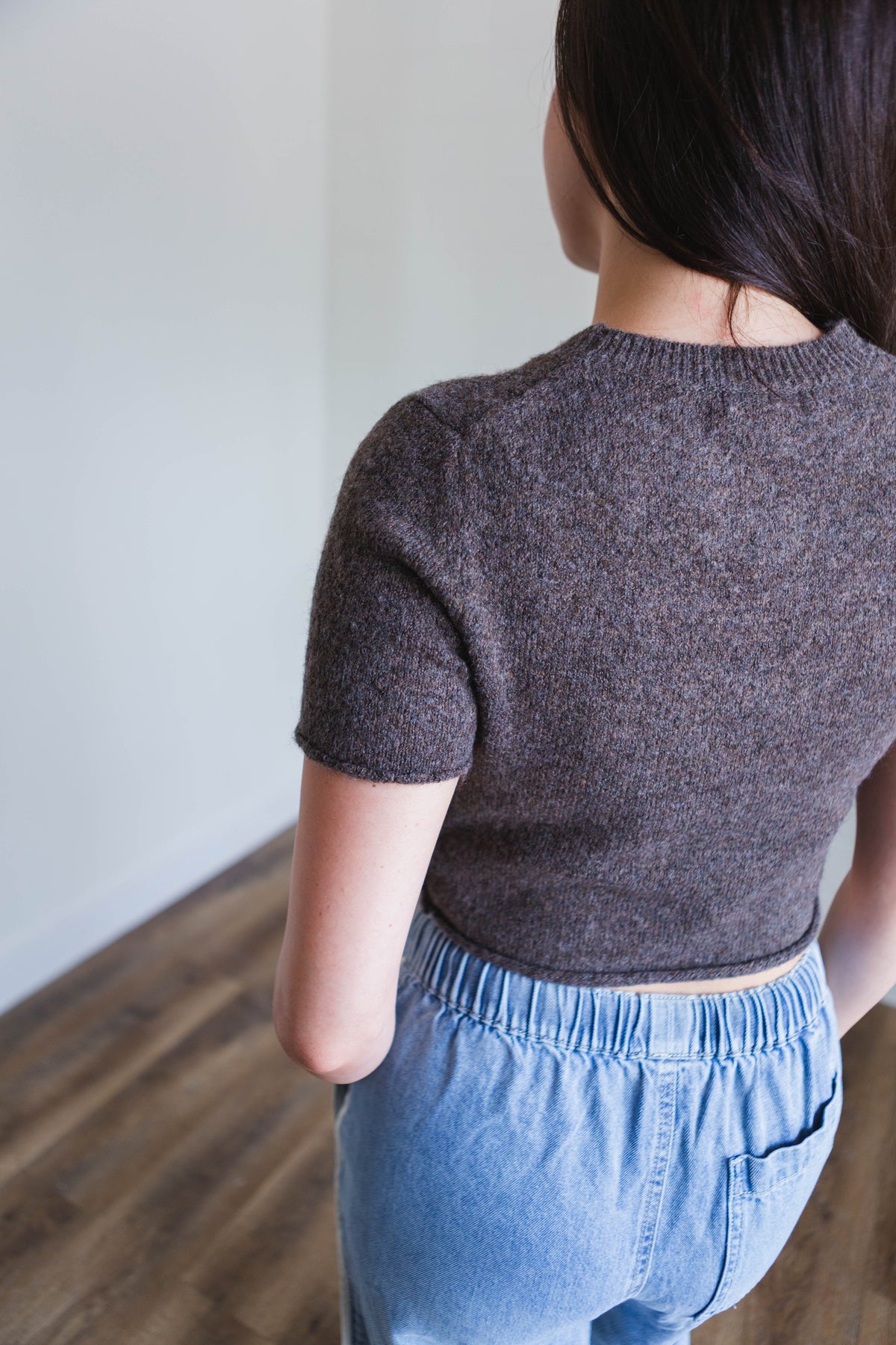 Brown Sweater Short Sleeve Crop Top