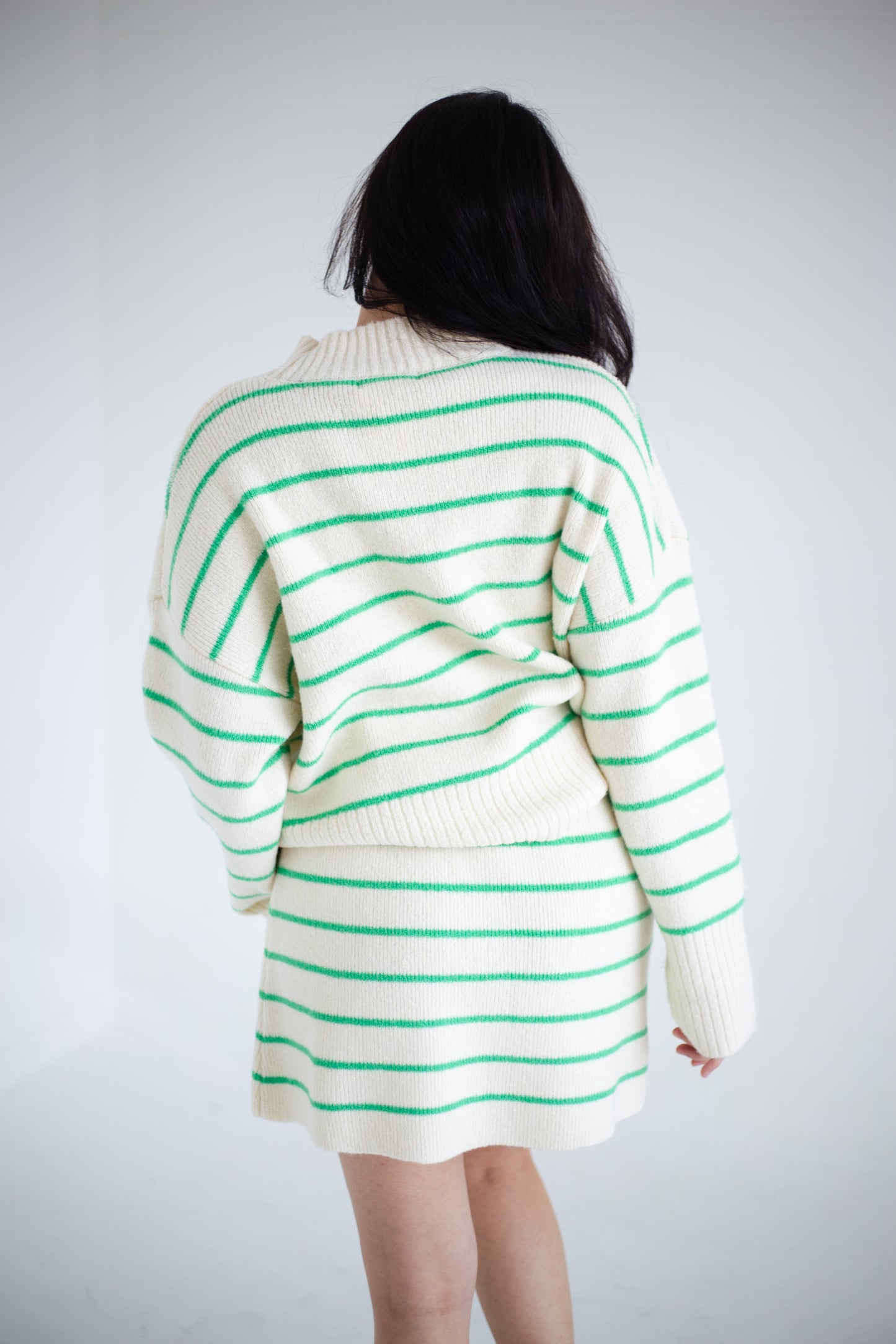 Cream & Green Striped Sweater Skirt