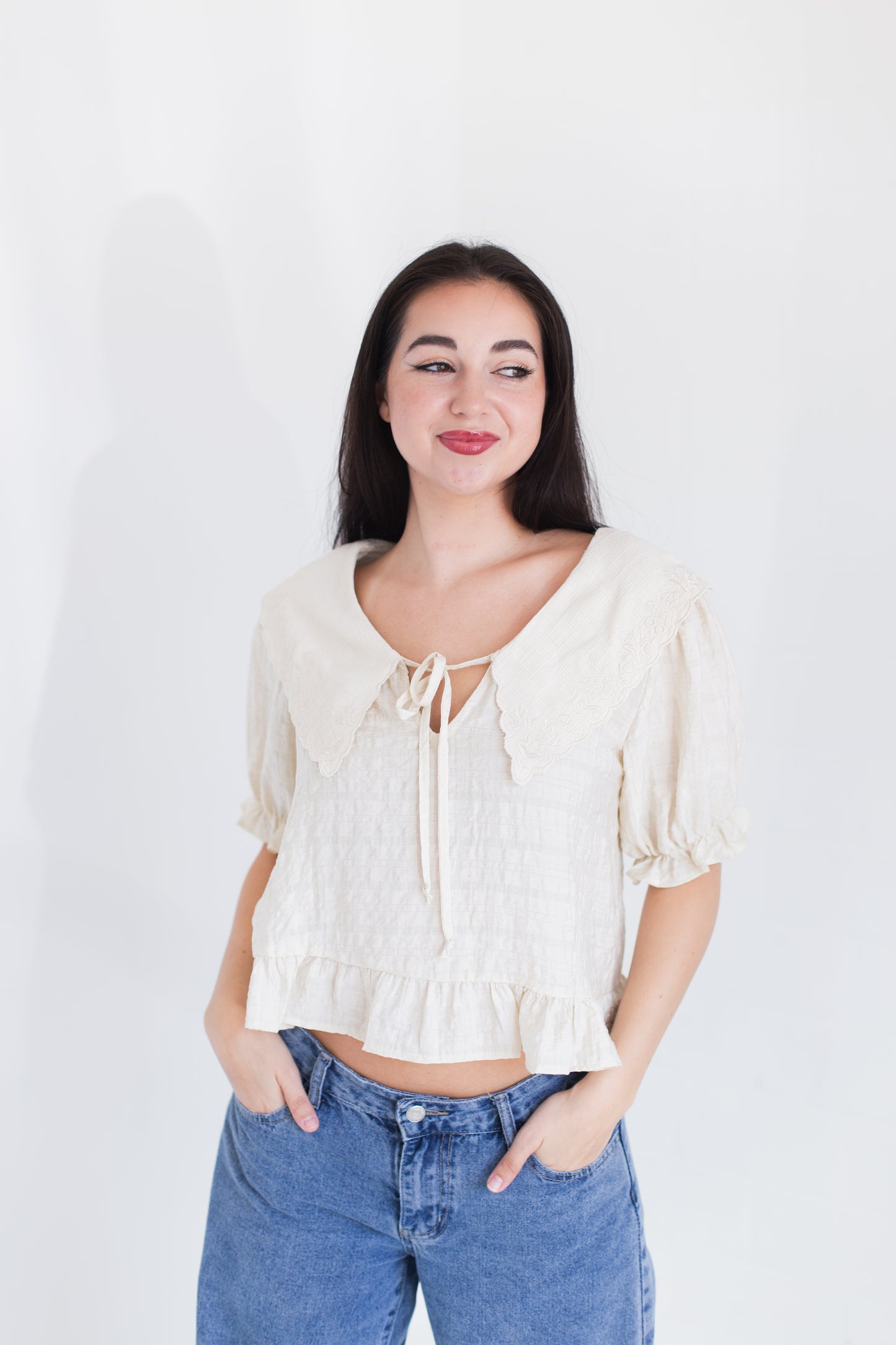 Natural Fablewood Embroidered Collar Top