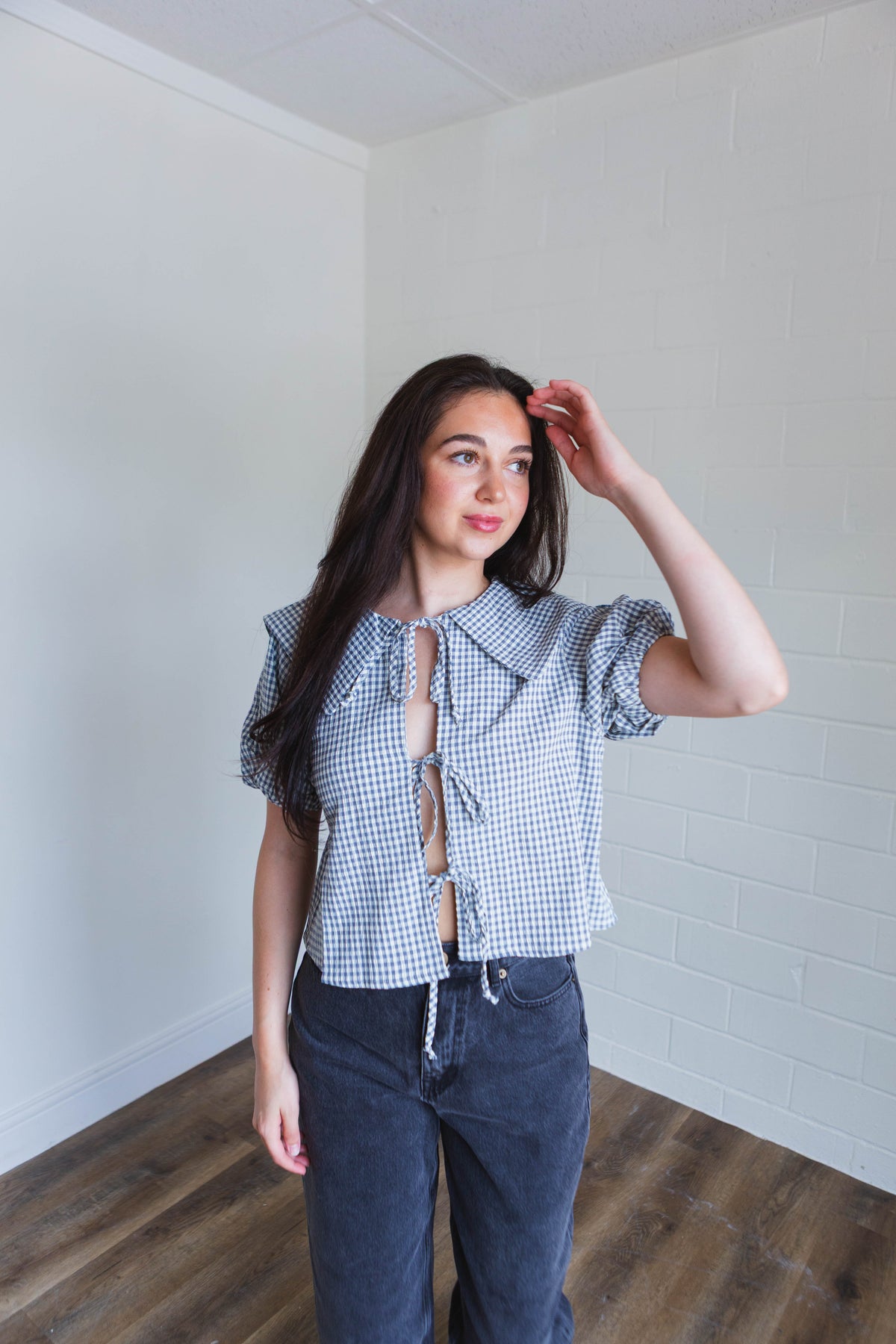 Blue Gingham Patterned Bow Tie Top