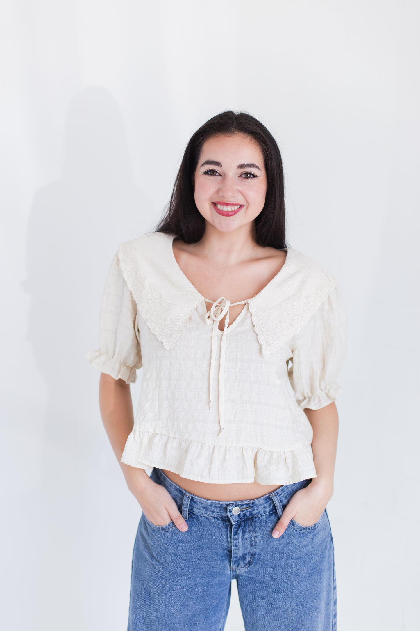 Natural Fablewood Embroidered Collar Top