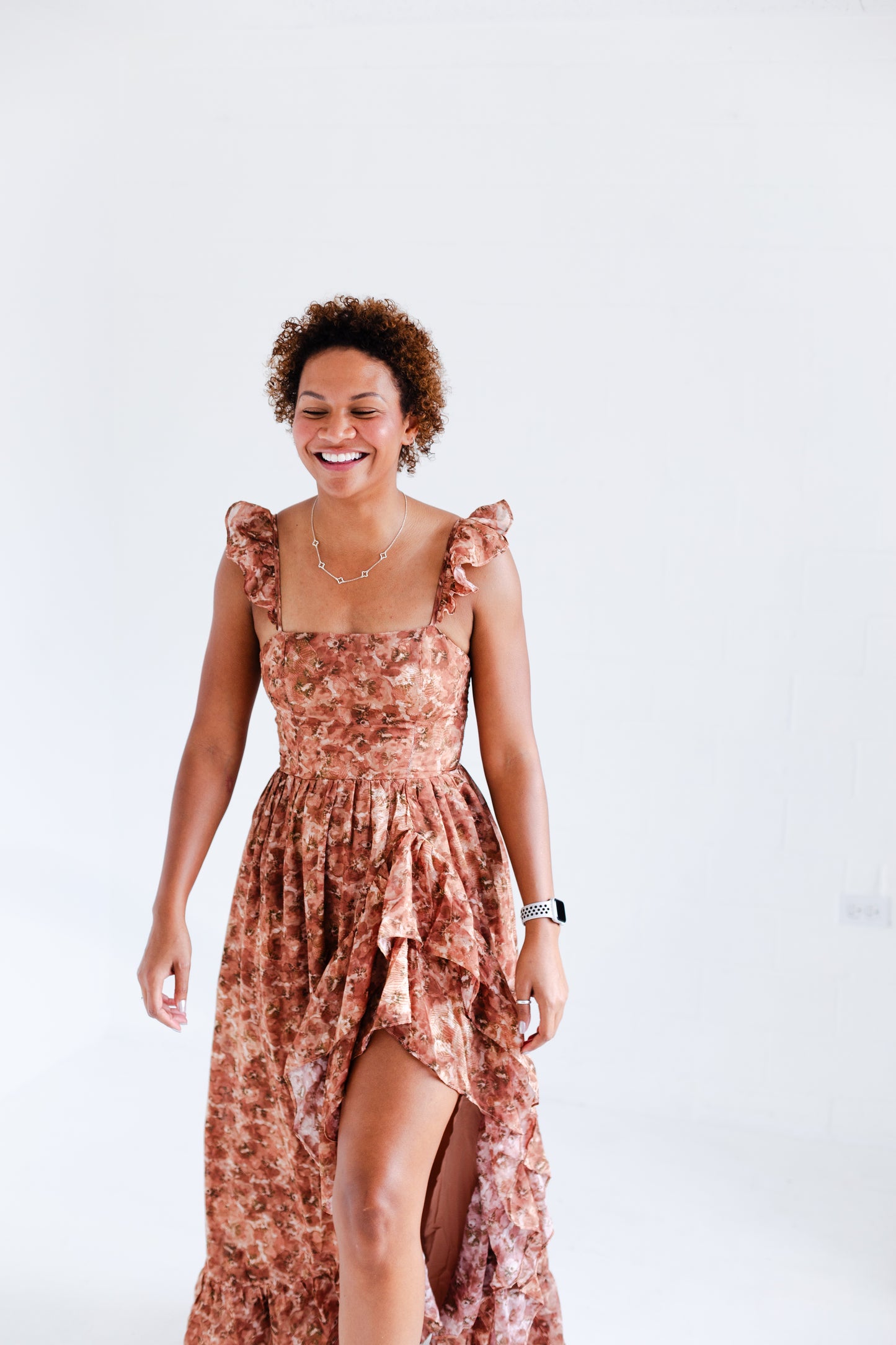 Brown Romantic Floral Print Maxi Dress