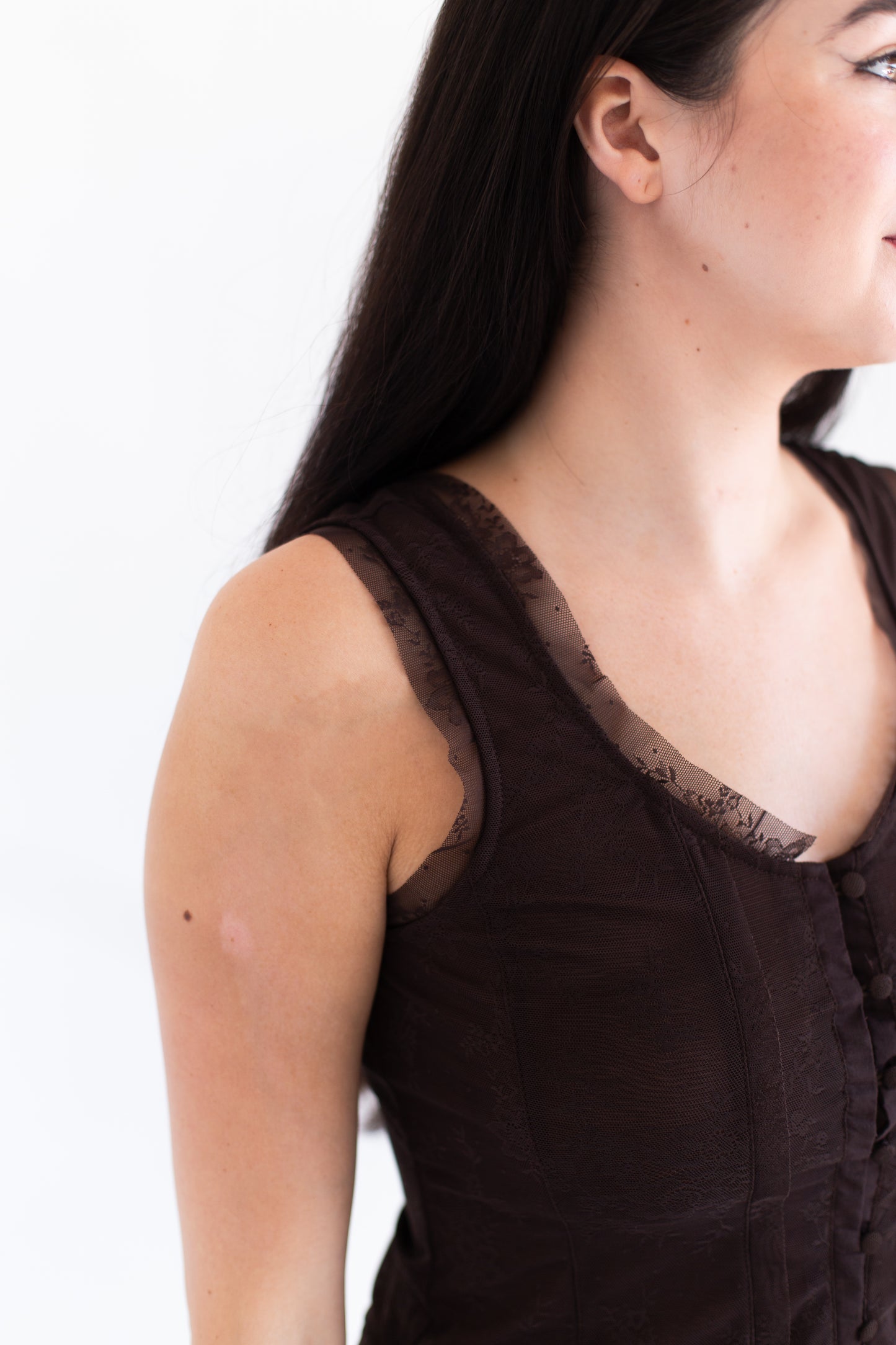 Chocolate Mesh Lace Button Down Sleeveless Top