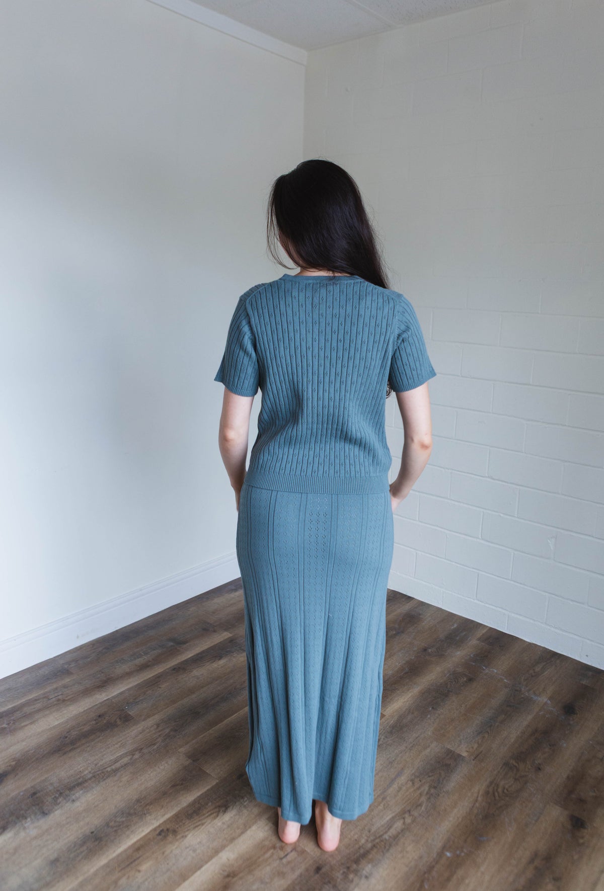 Teal Ribbed Button Top Midi Skirt Set