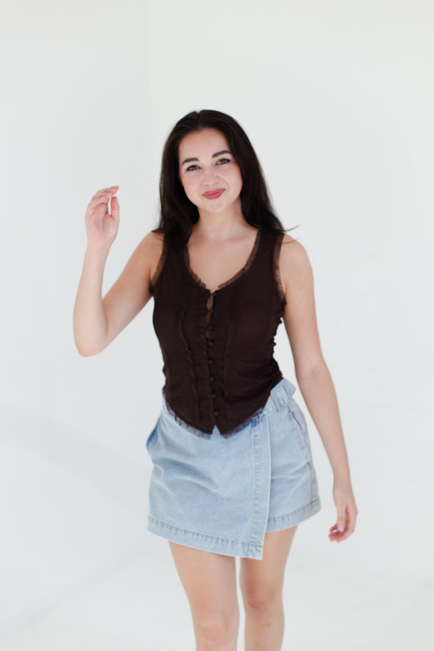 Chocolate Mesh Lace Button Down Sleeveless Top