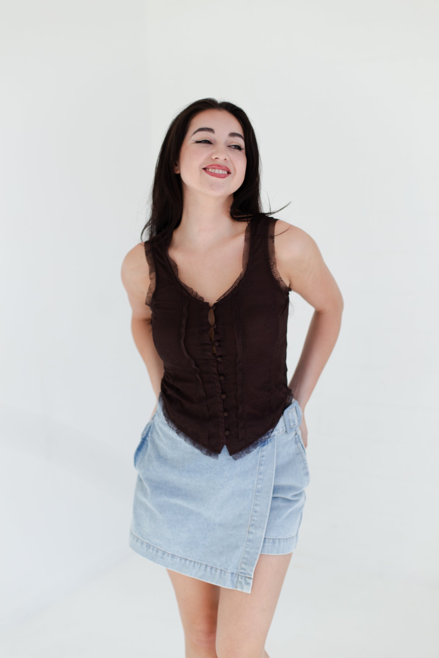 Chocolate Mesh Lace Button Down Sleeveless Top