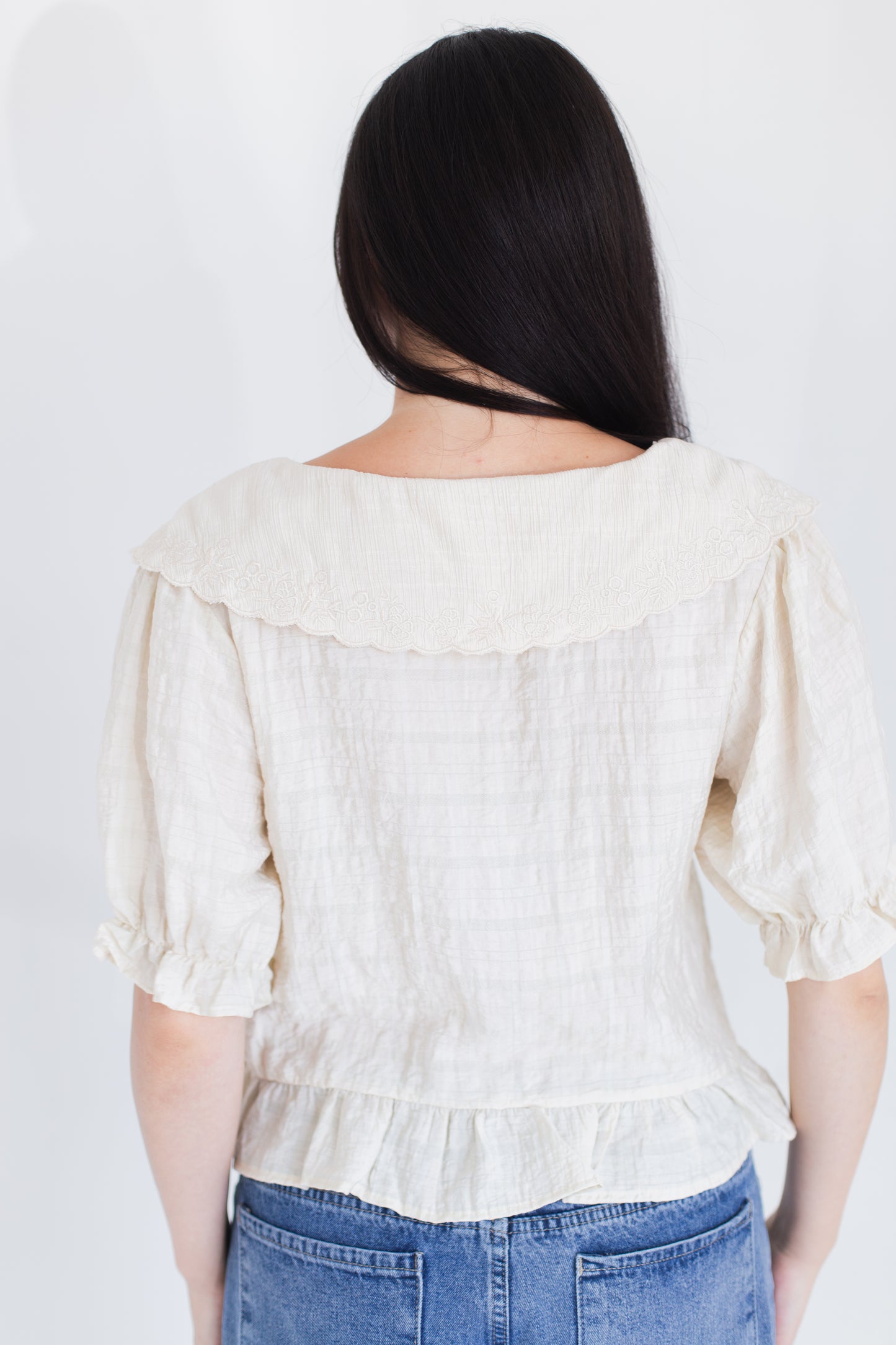 Natural Fablewood Embroidered Collar Top