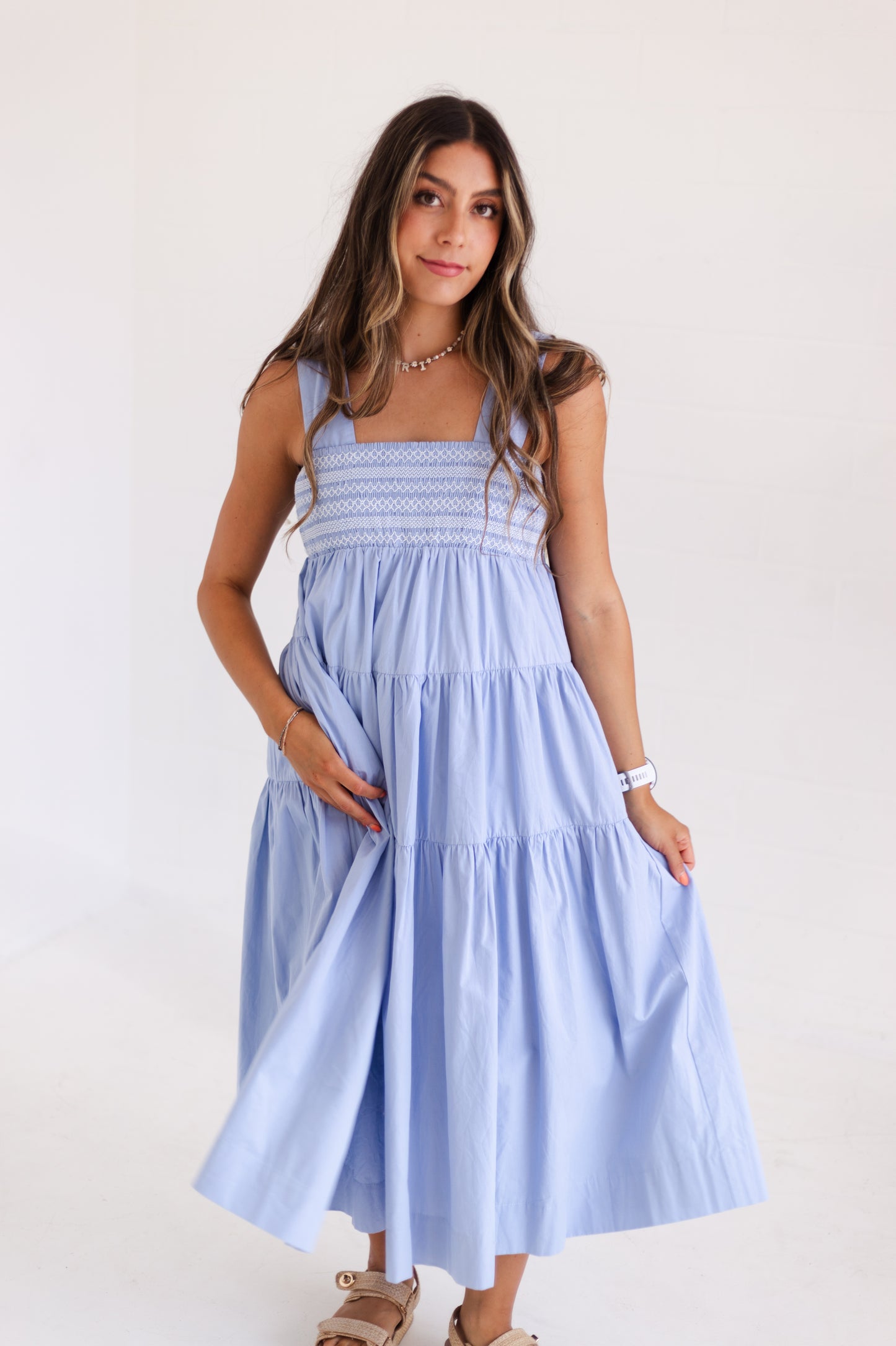 Cloud White Embrodiered Tiered Midi Dress