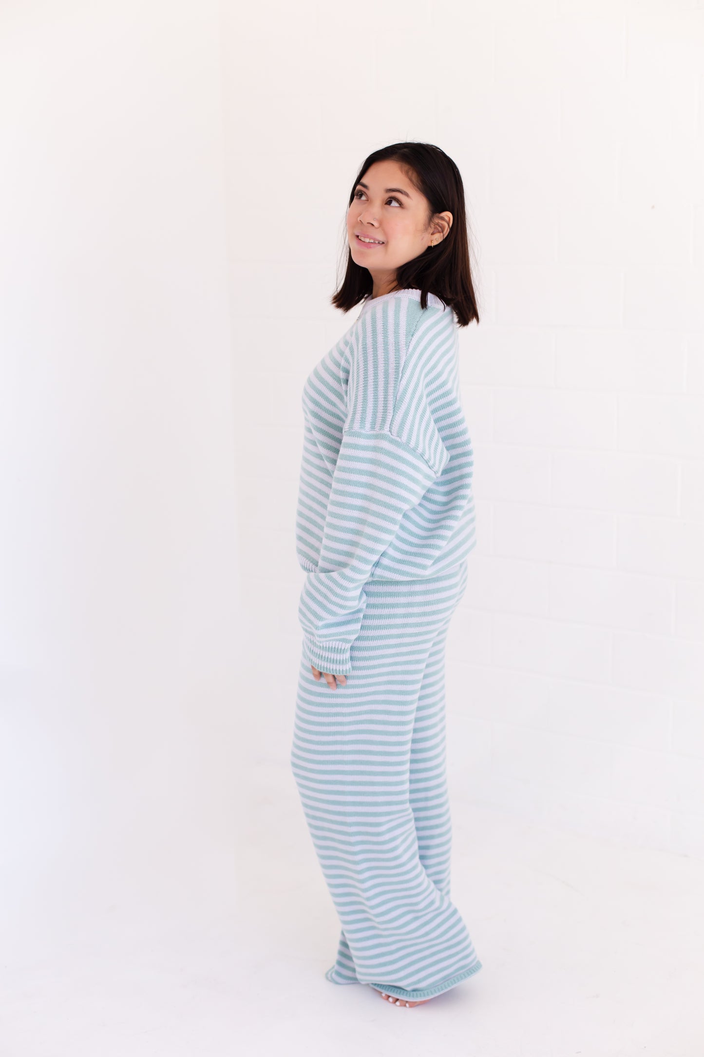 Long Sleeve Crew Neck Stripe Sweater With Wide Leg Pants