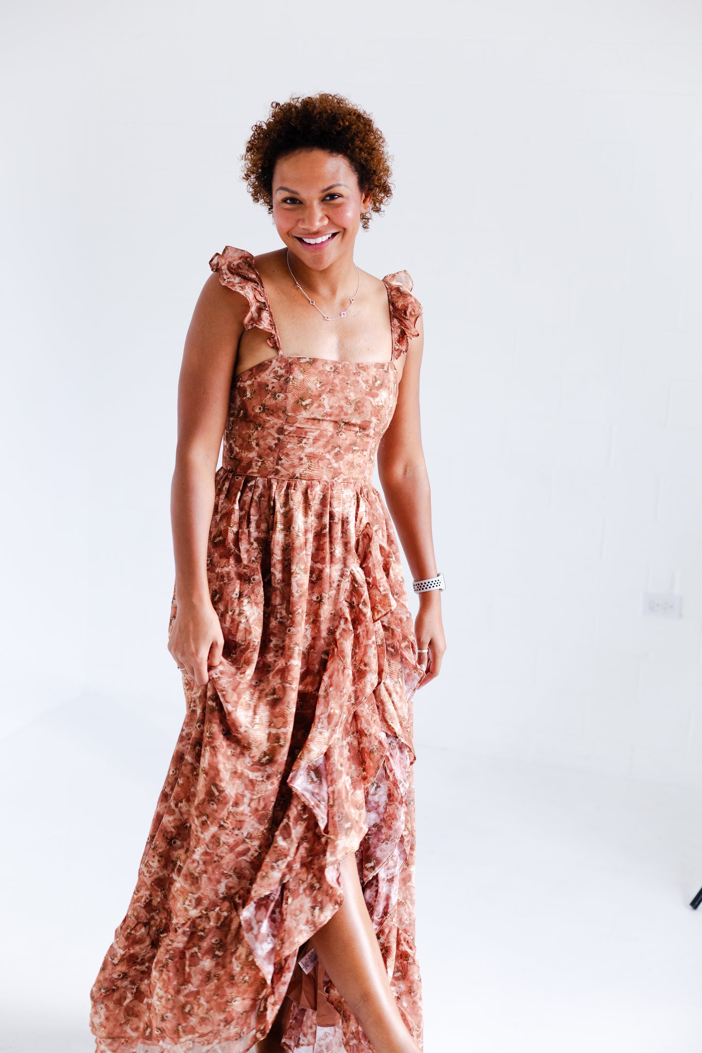 Brown Romantic Floral Print Maxi Dress