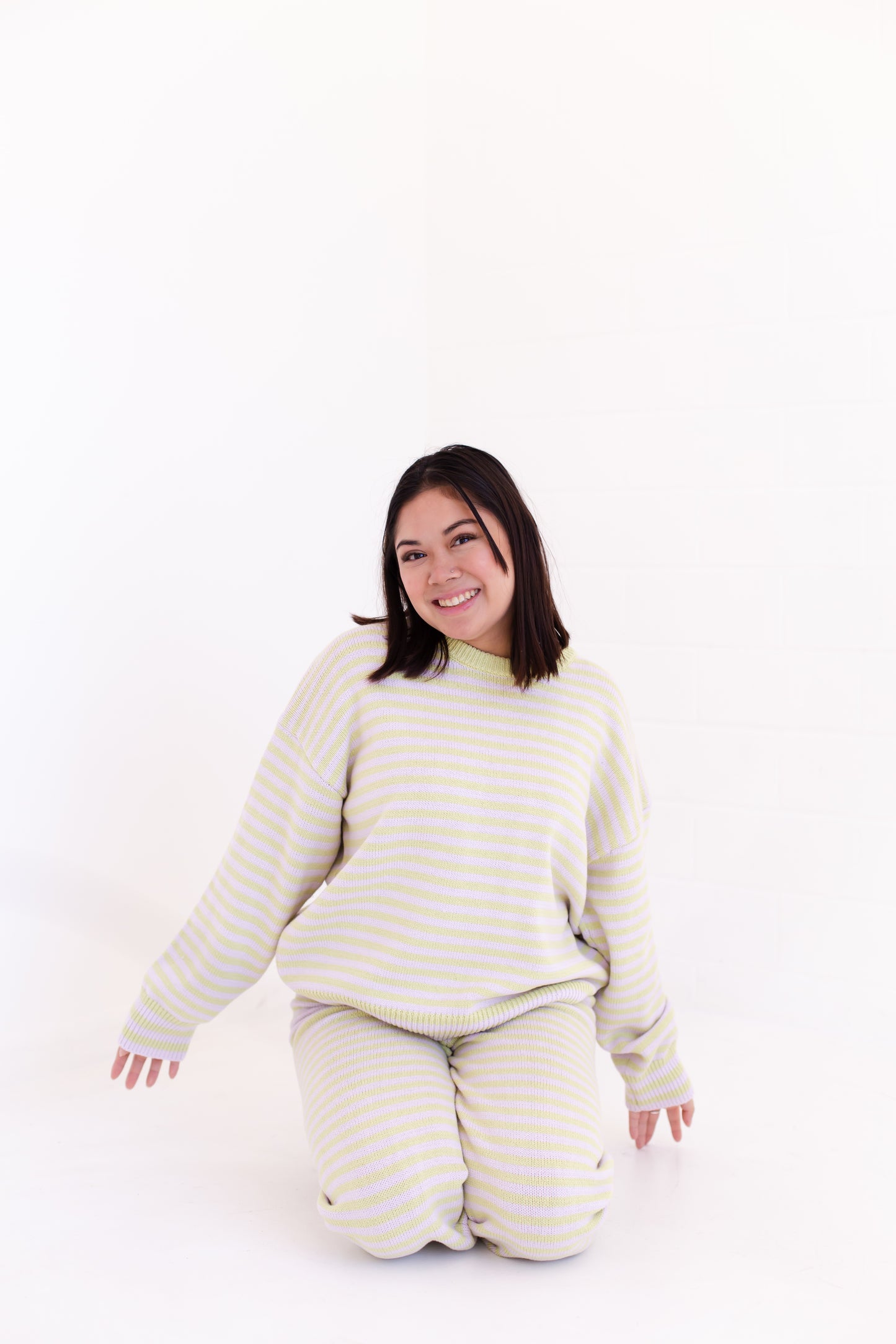 Long Sleeve Crew Neck Stripe Sweater With Wide Leg Pants