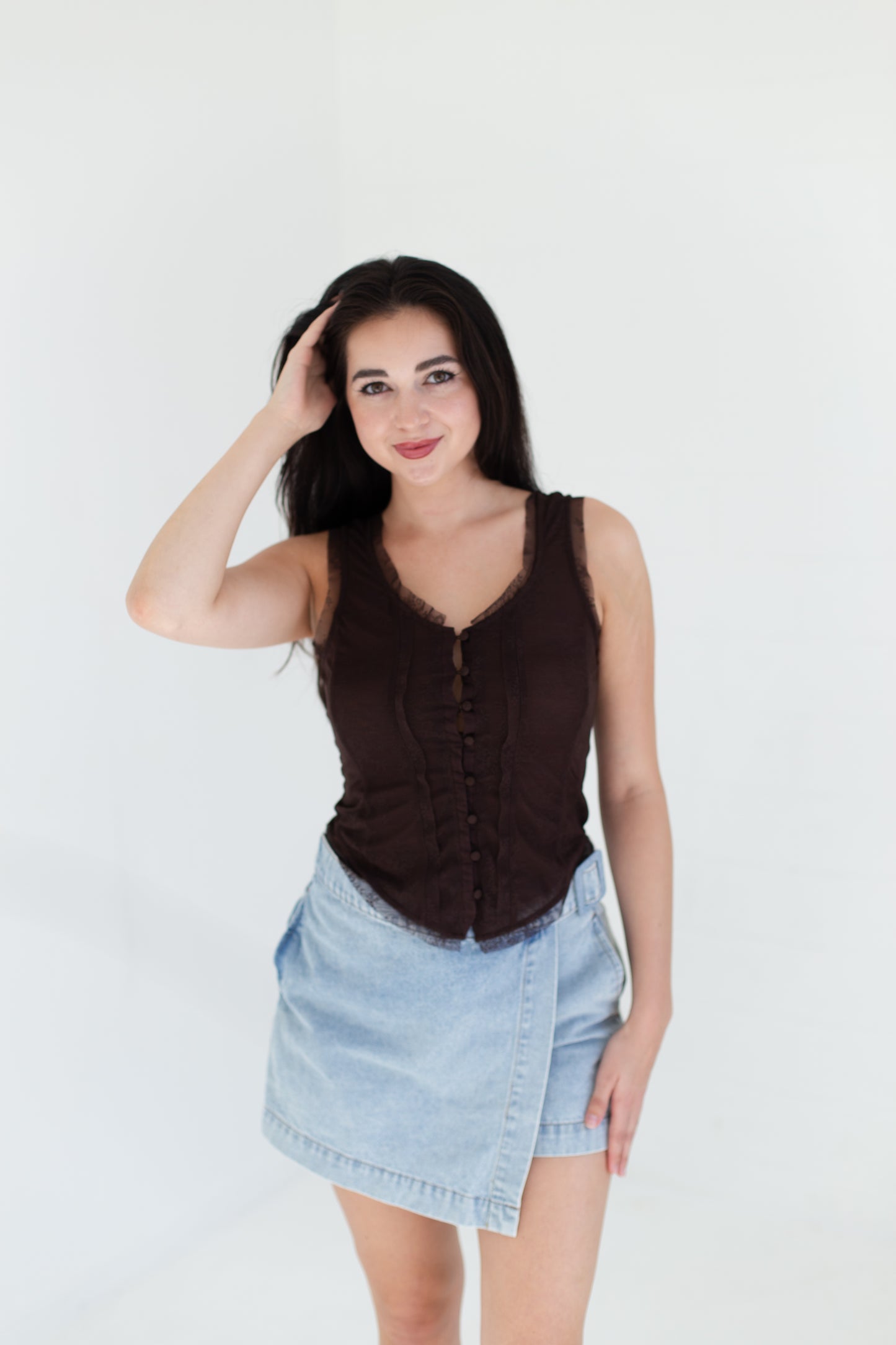 Chocolate Mesh Lace Button Down Sleeveless Top
