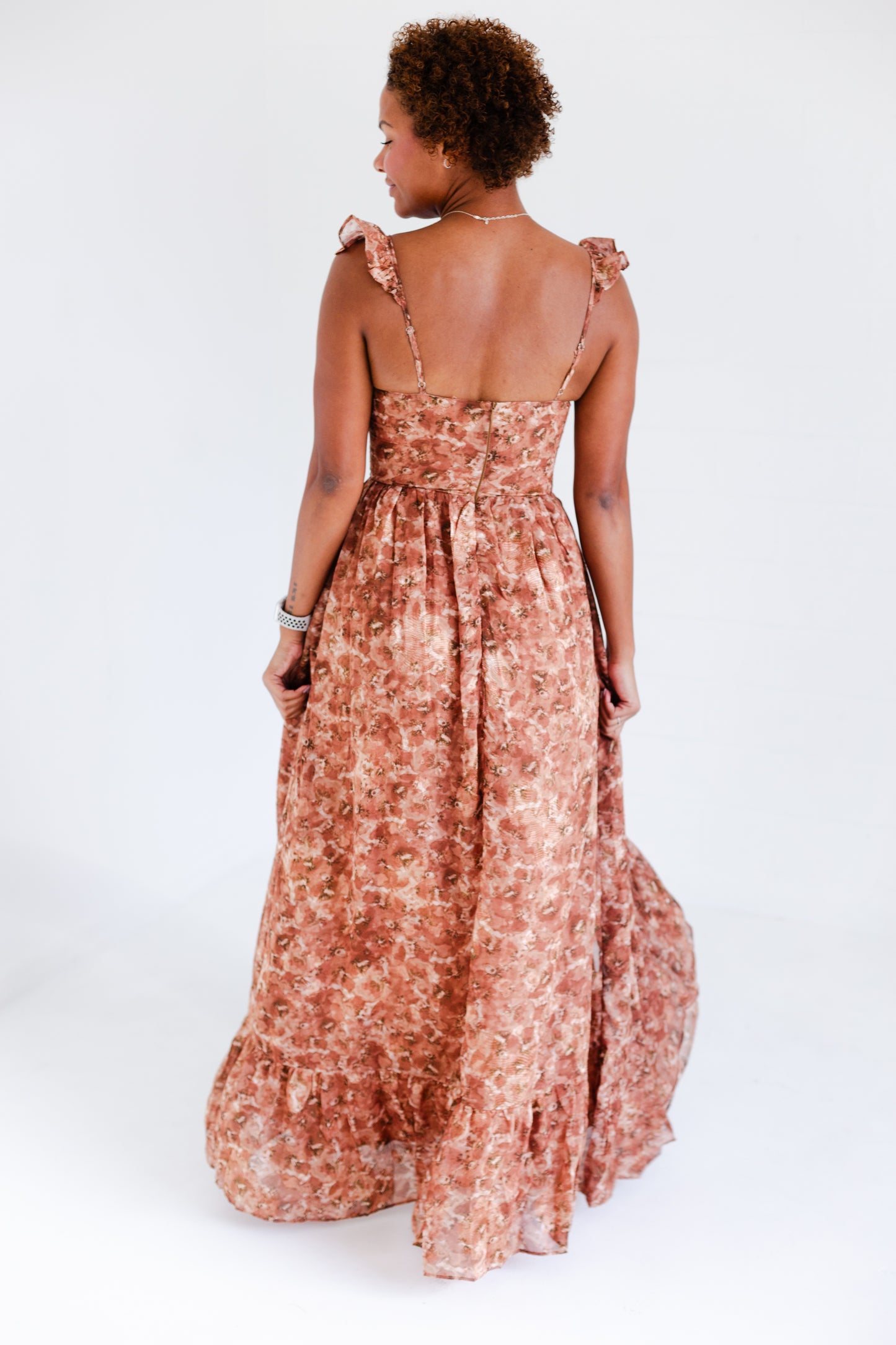 Brown Romantic Floral Print Maxi Dress