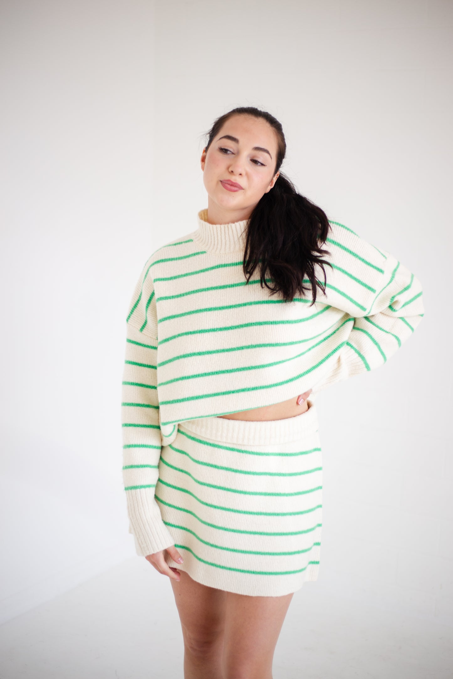 Cream & Green Striped Sweater Skirt
