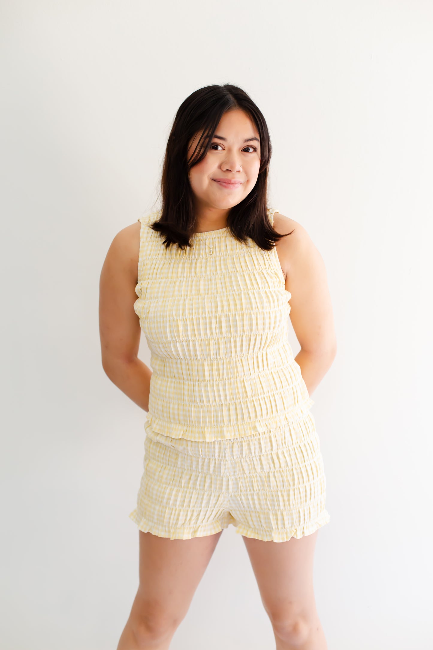 Light Yellow Round Neck Shirring Gingham Top