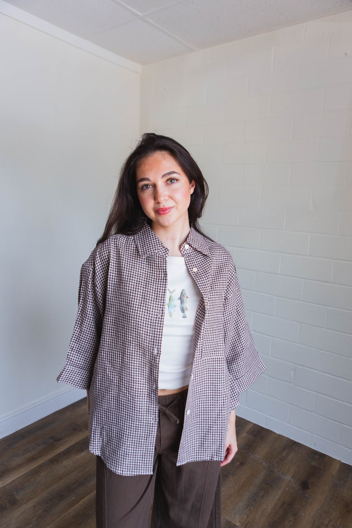 Brown Gingham Button Up Top