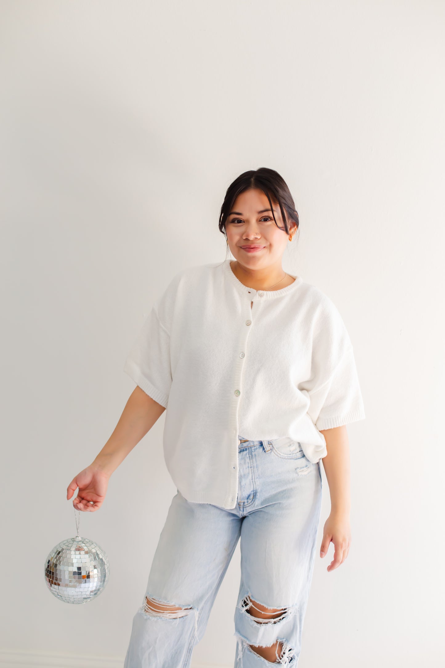 White Short Sleeve Crew Neck Sweater Cardigan