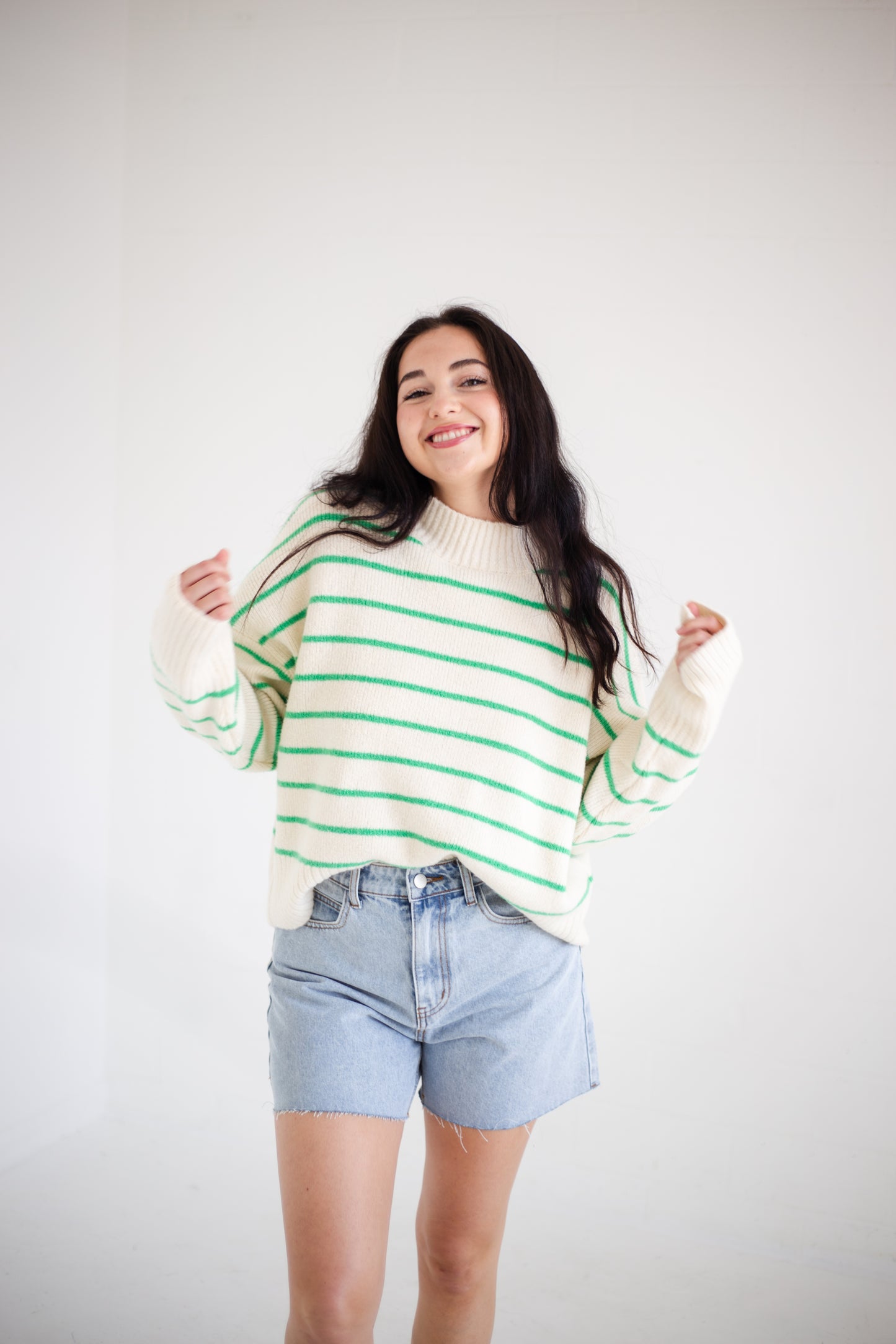 Cream & Green Striped Sweater