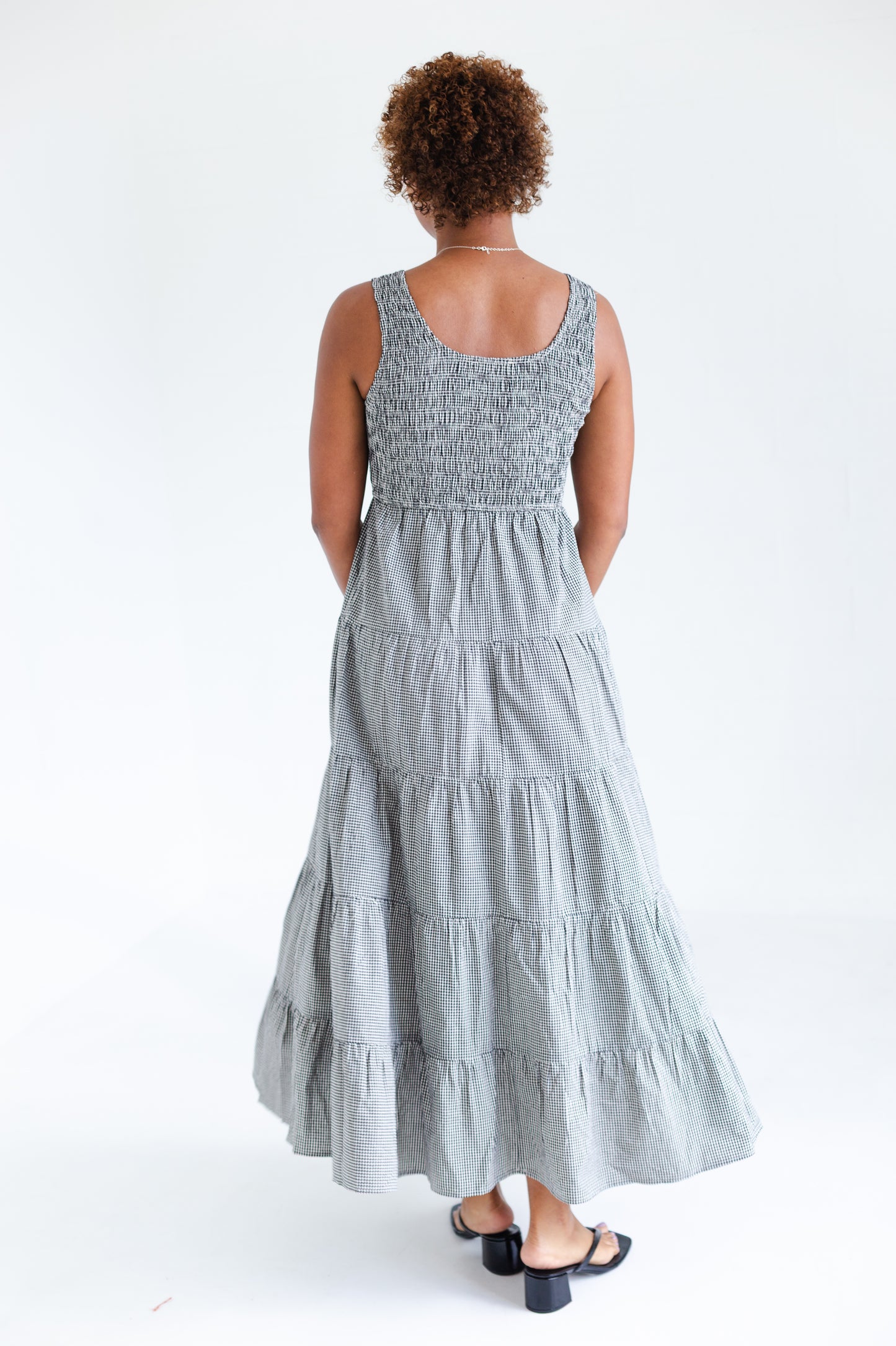 Black & White Gingham Plaid Tiered Midi Dress