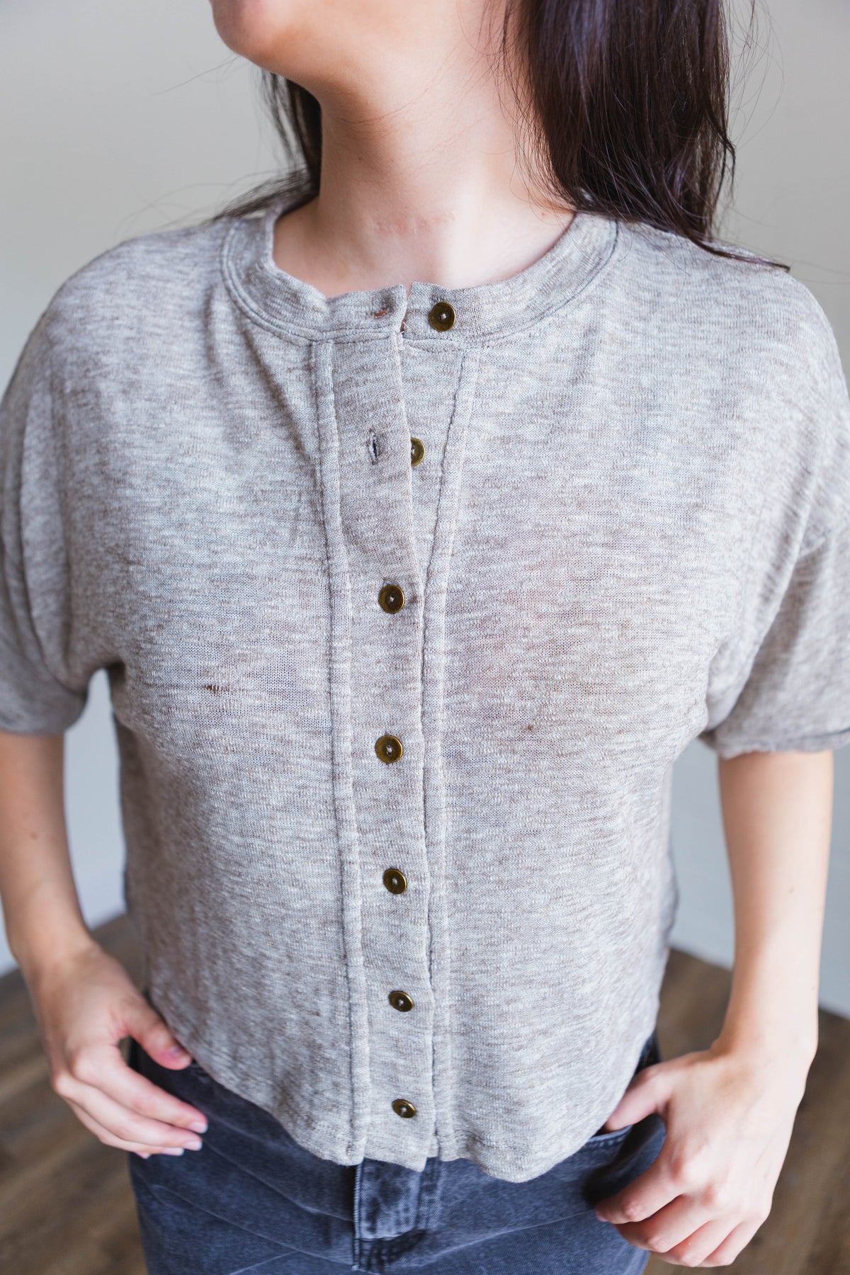 Mocha Short Sleeve Button Knit Top