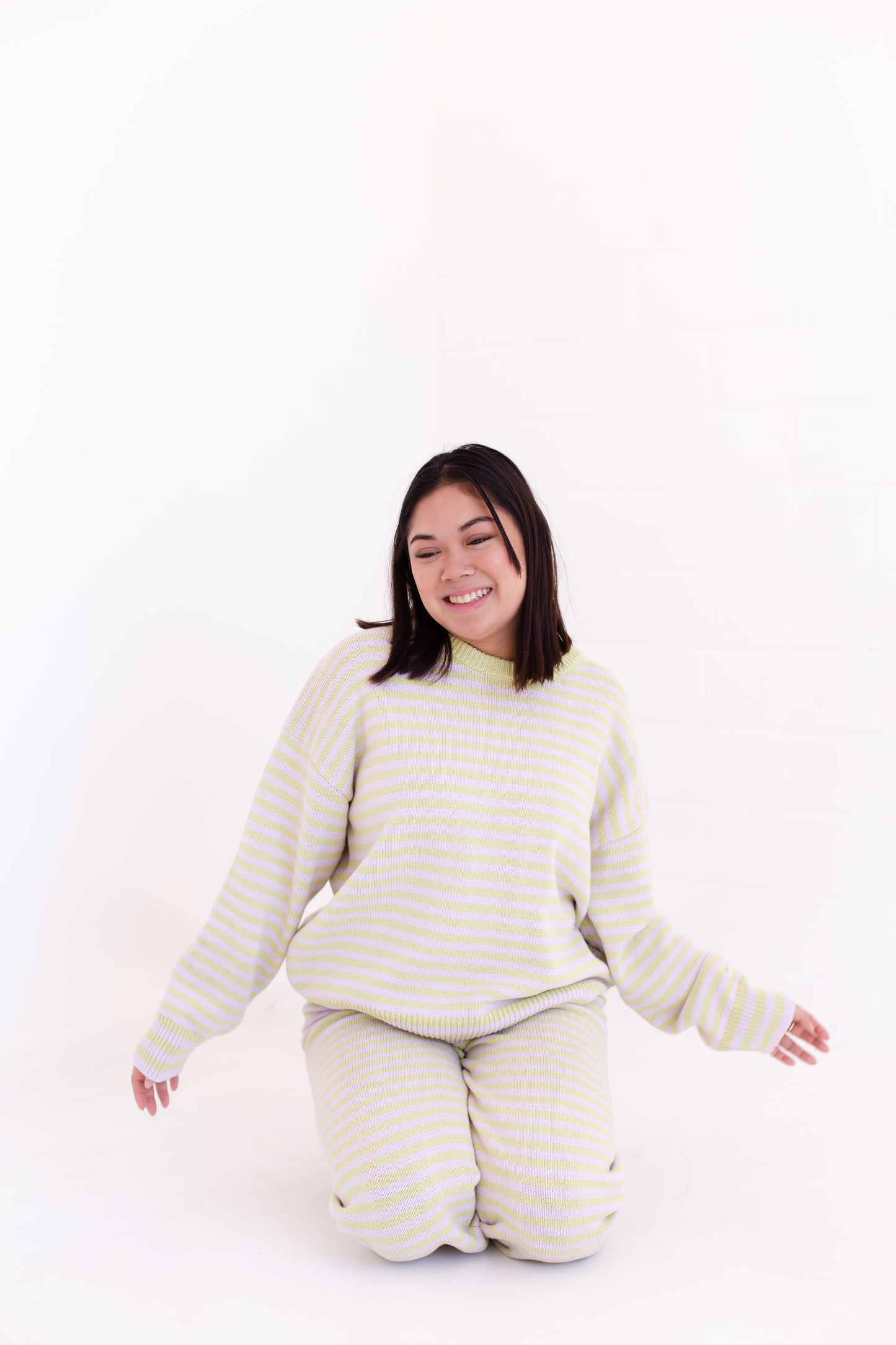 Long Sleeve Crew Neck Stripe Sweater With Wide Leg Pants